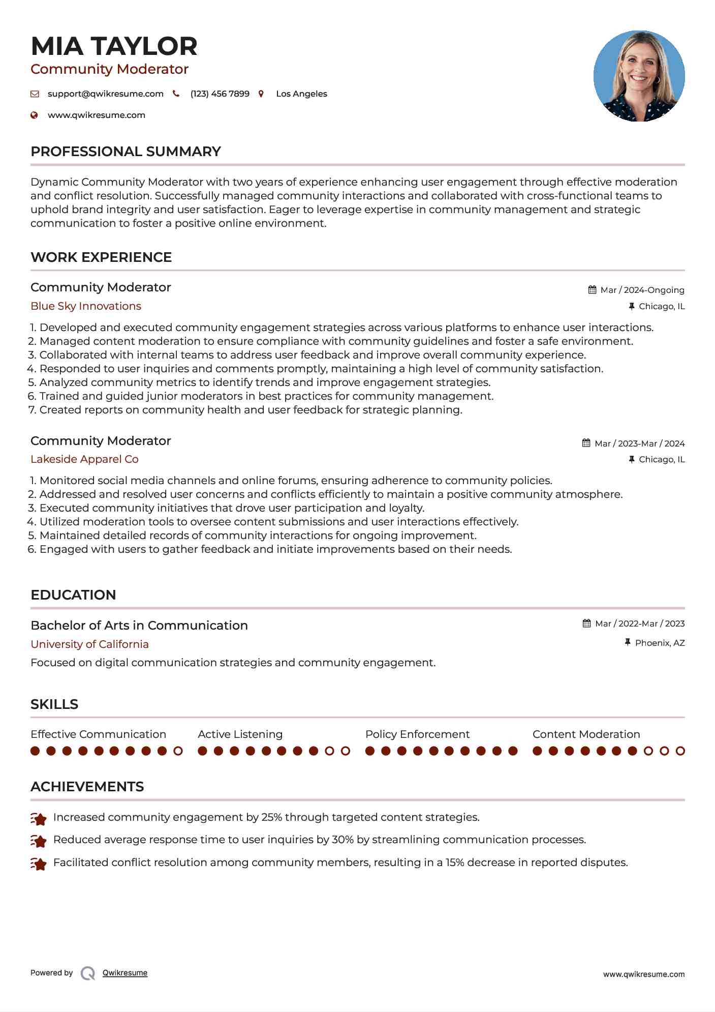 Community Moderator Resume Sample