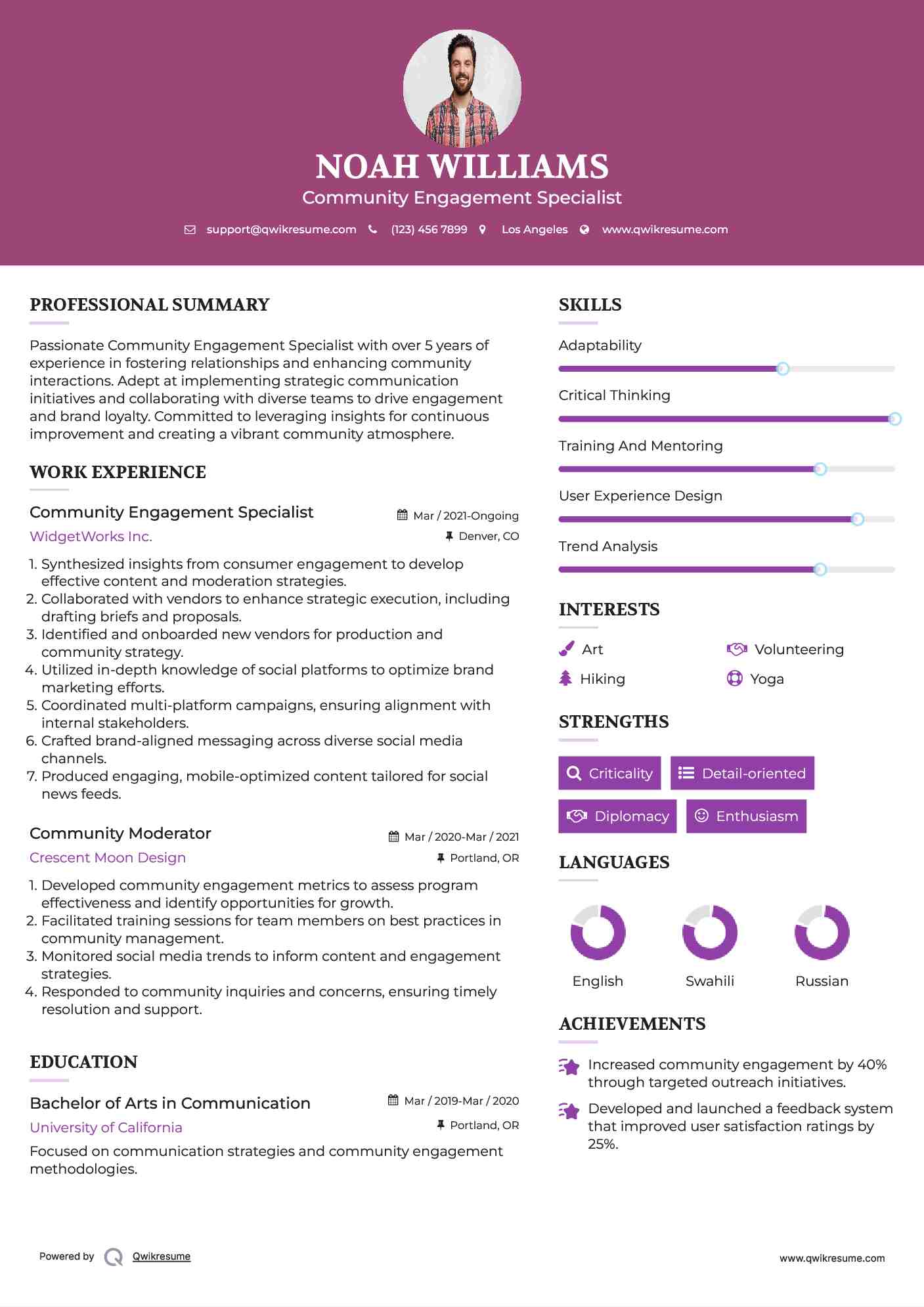Community Engagement Specialist Resume Example