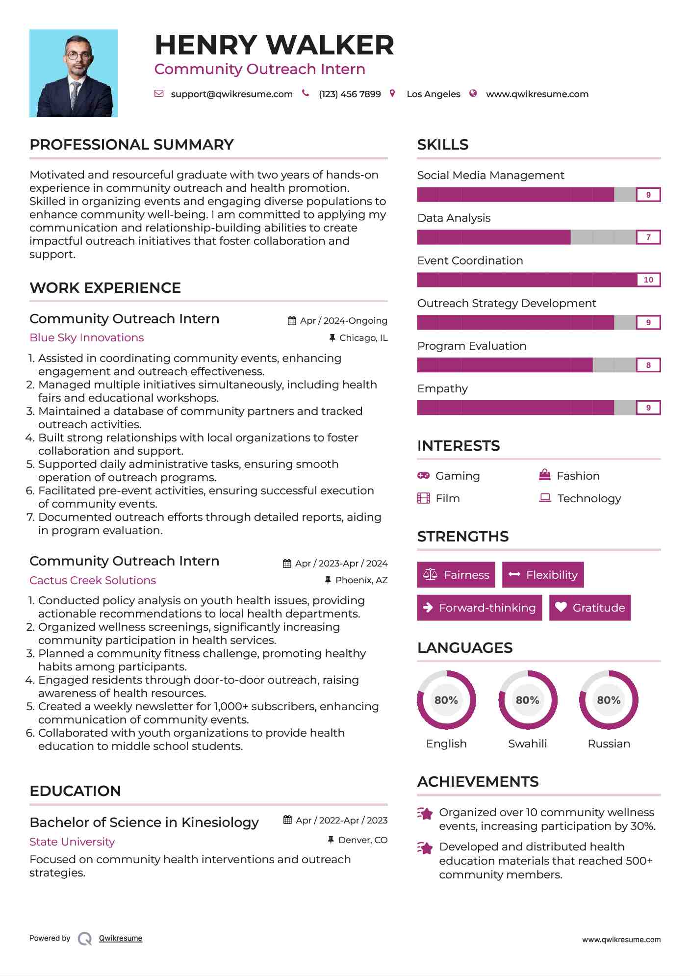 Community Outreach Intern Resume Example