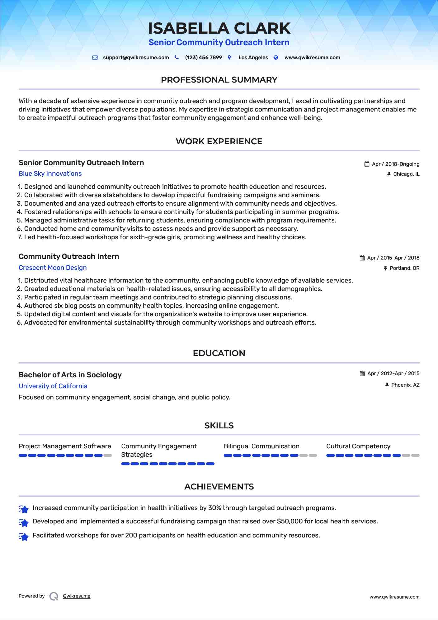 Senior Community Outreach Intern Resume Example