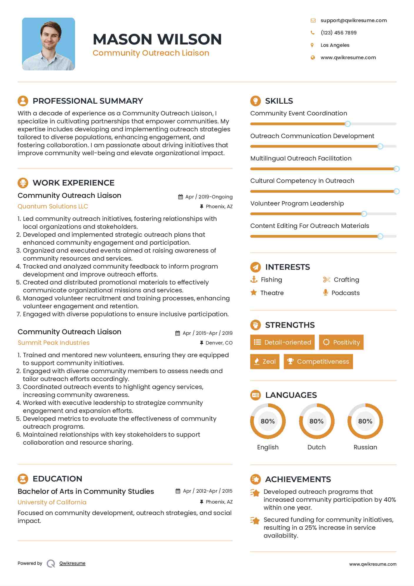 Community Outreach Liaison Resume Example