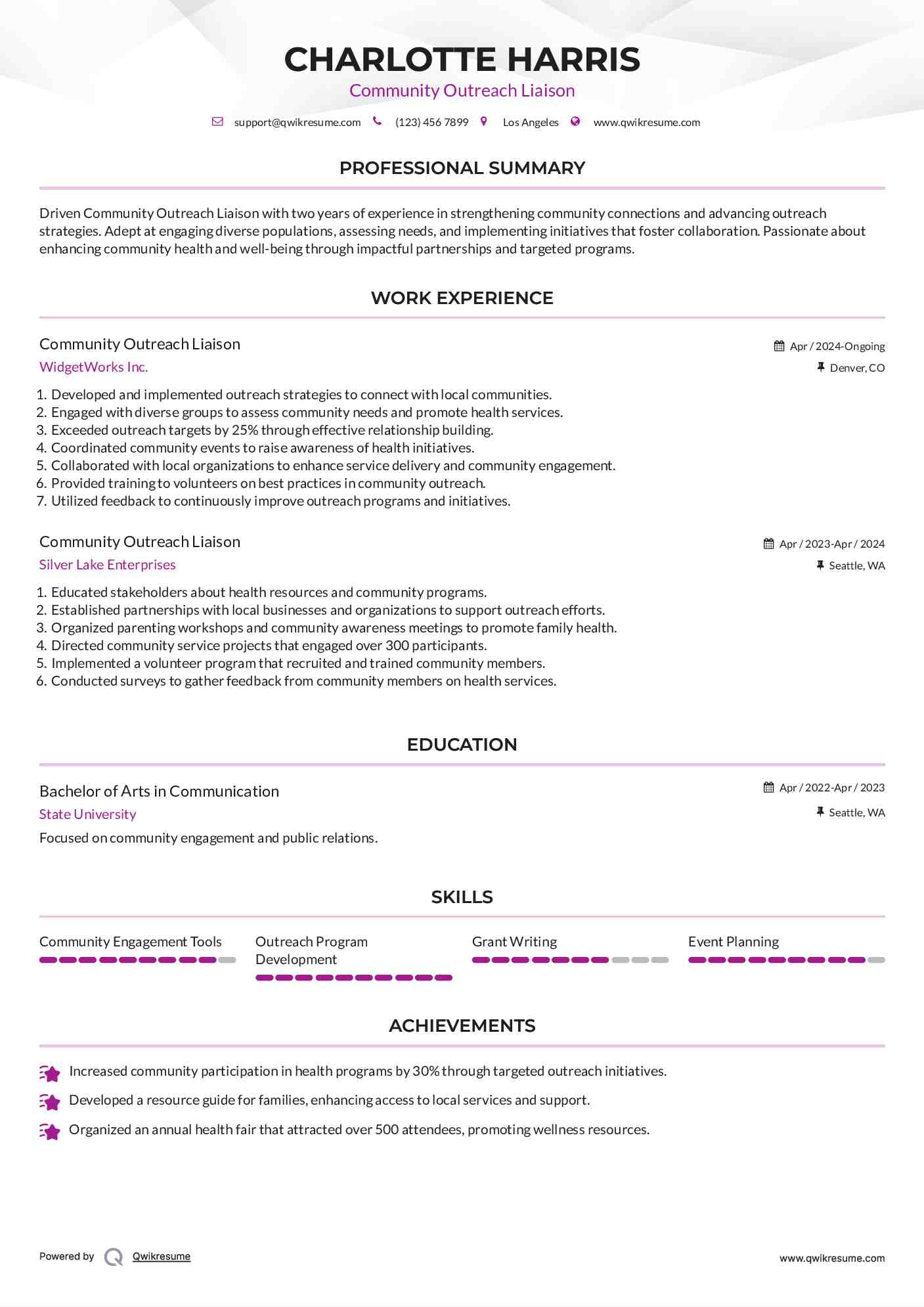 Community Outreach Liaison Resume Format
