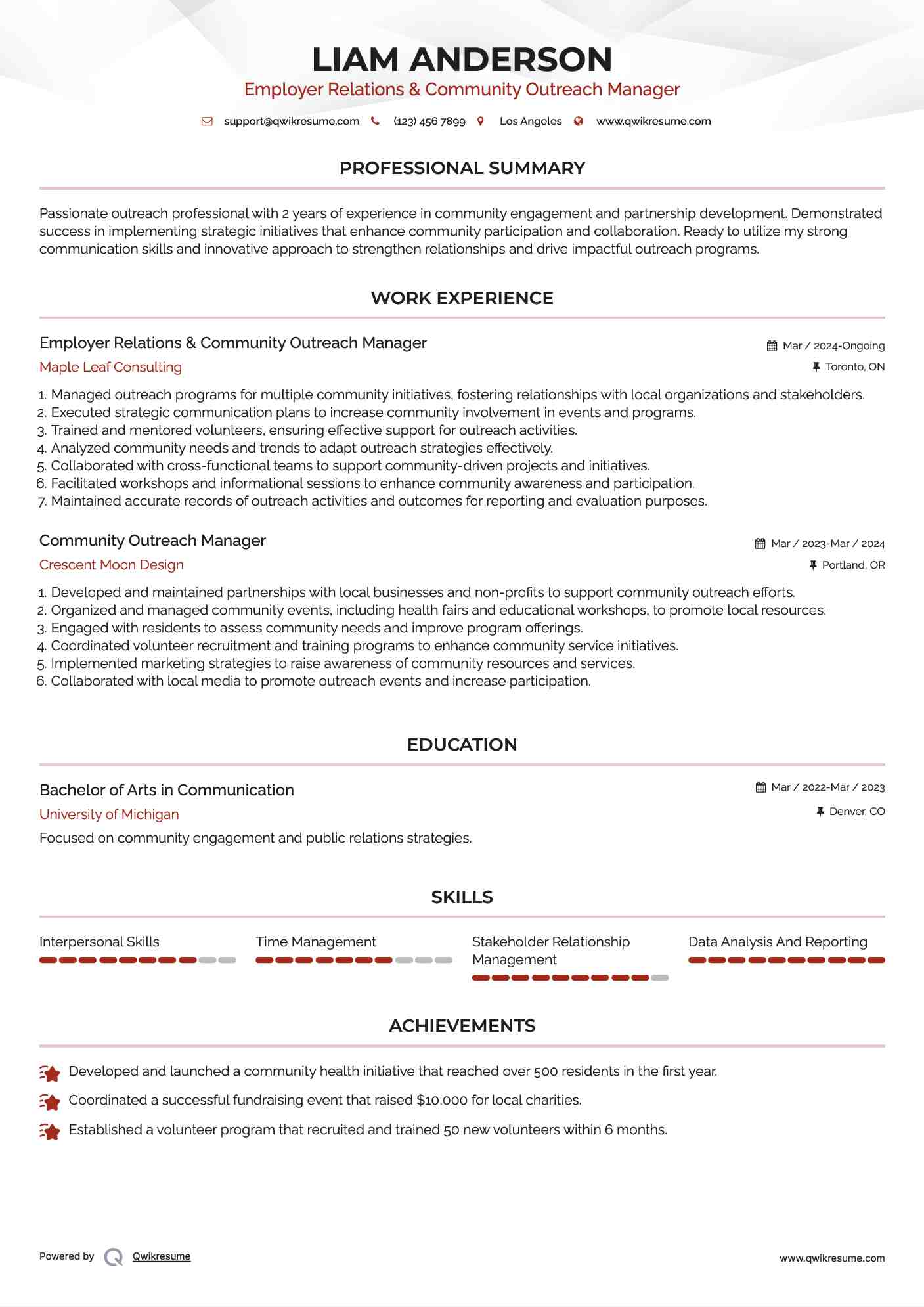 Employer Relations & Community Outreach Manager Resume Format