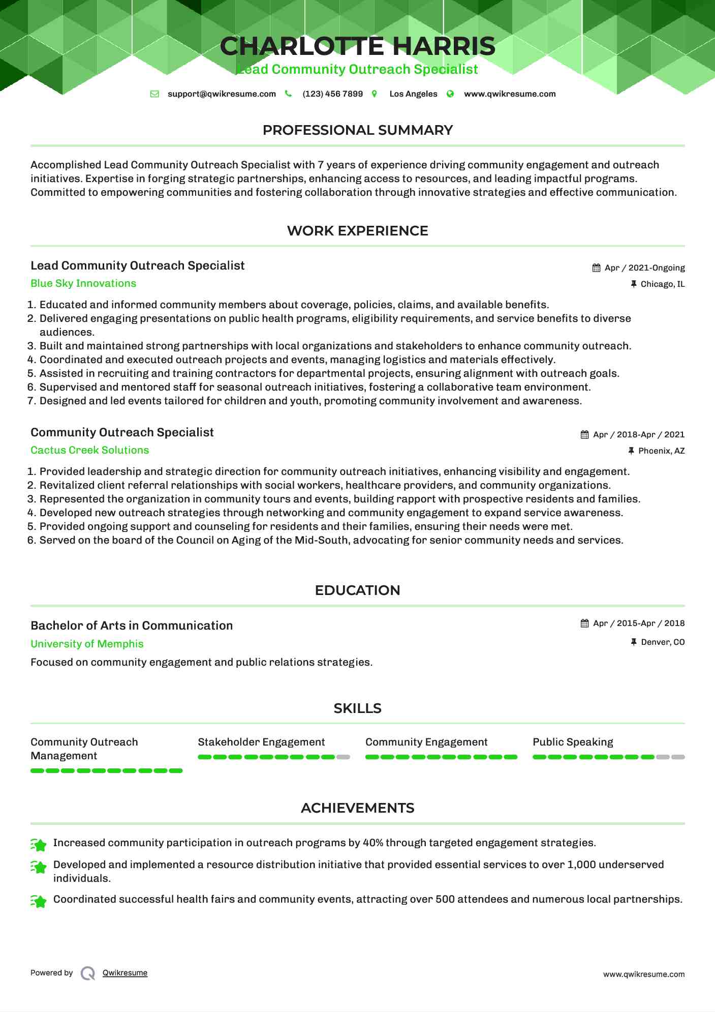 Lead Community Outreach Specialist Resume Template