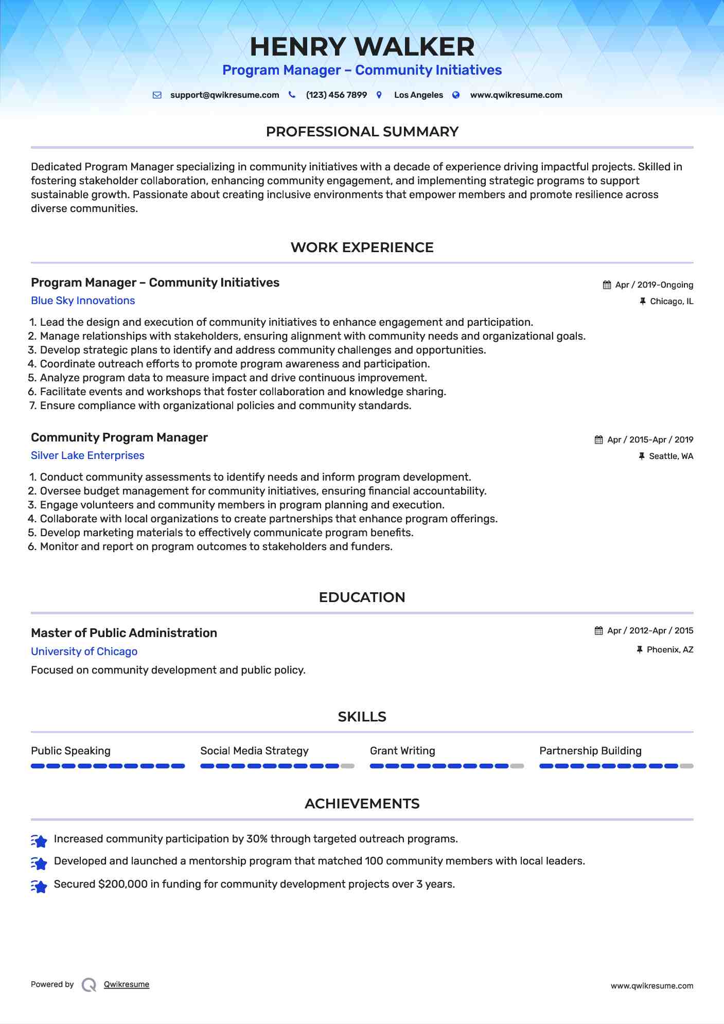 Program Manager – Community Initiatives Resume Example