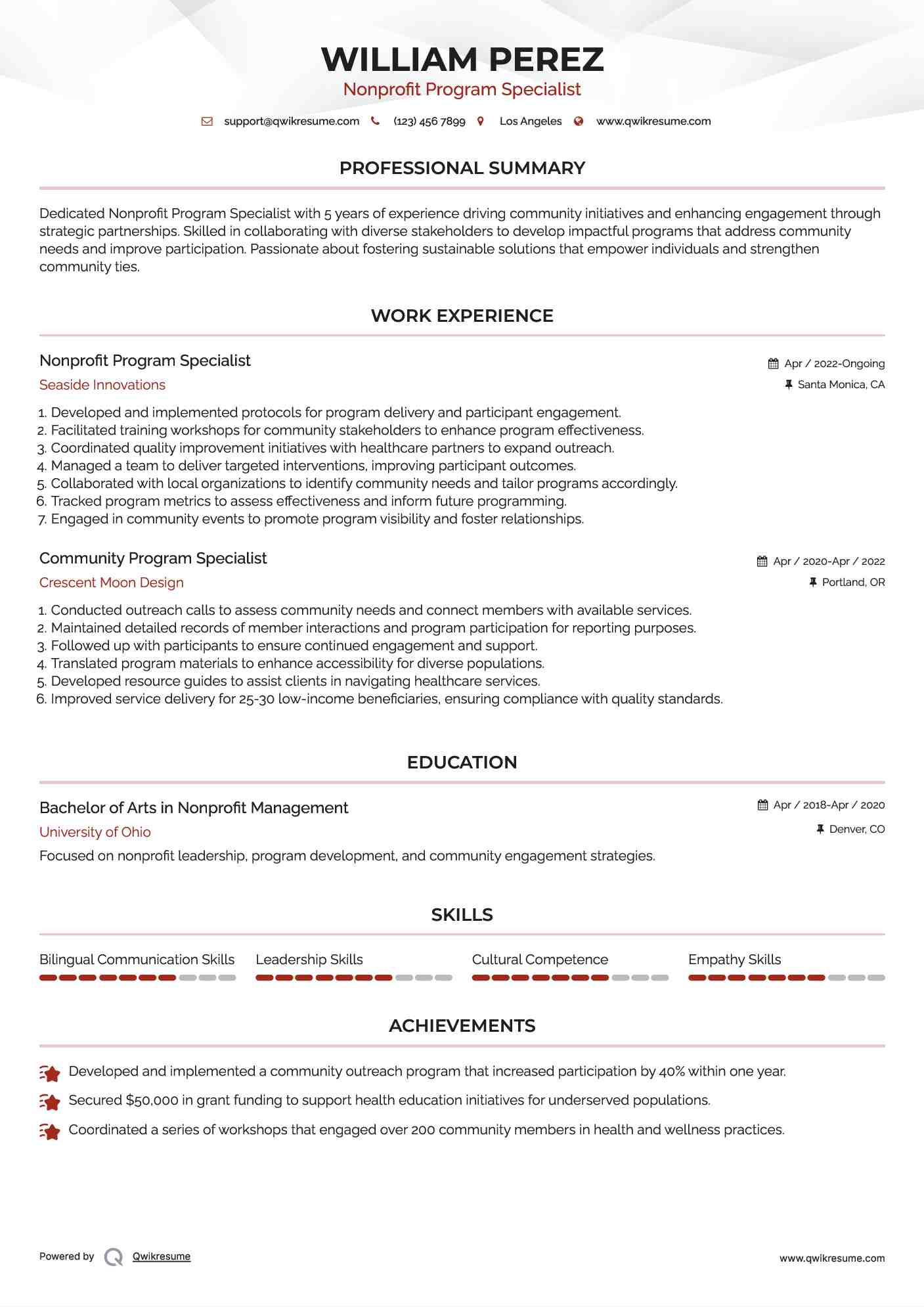 Nonprofit Program Specialist Resume Example