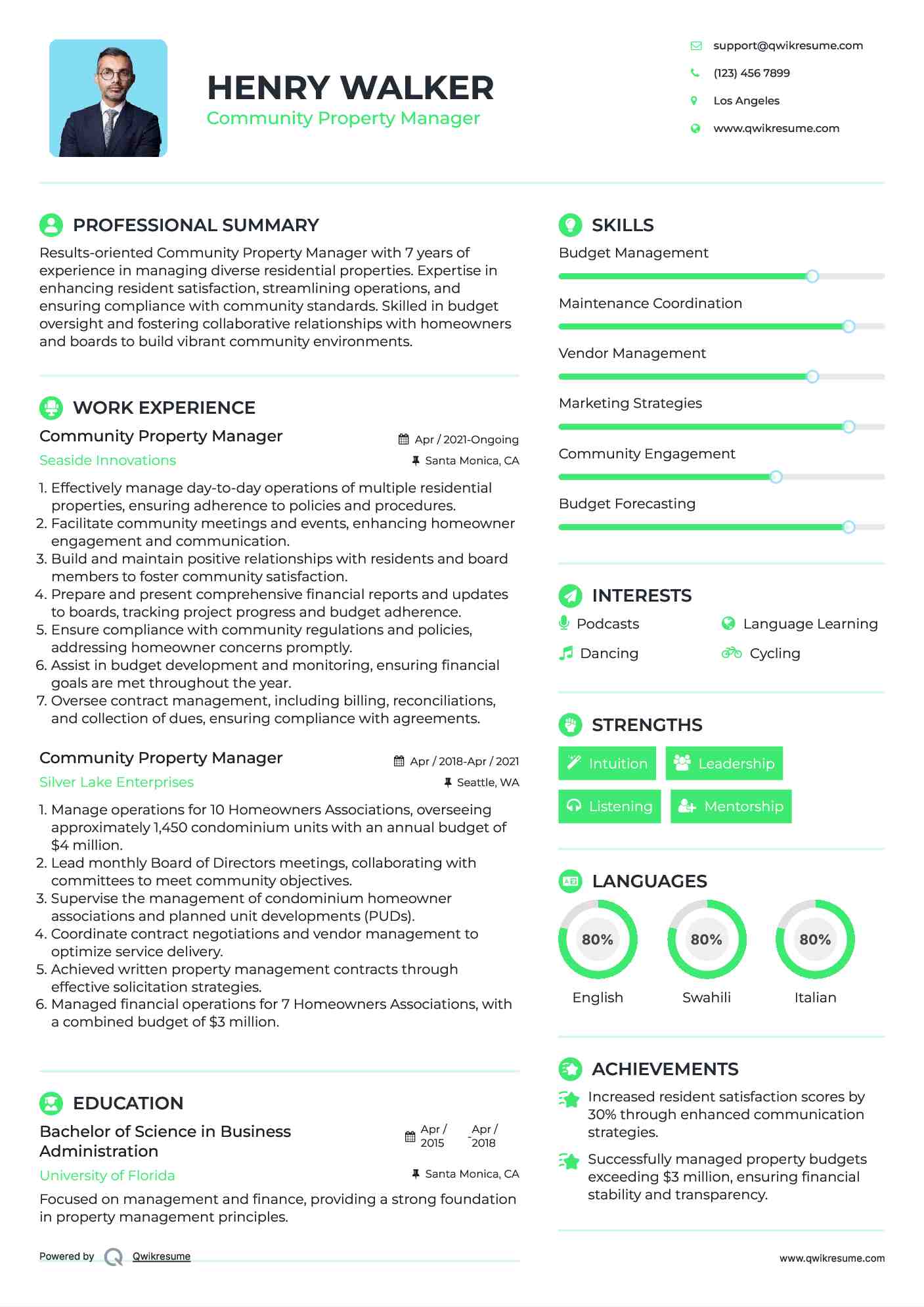 Community Property Manager Resume Example