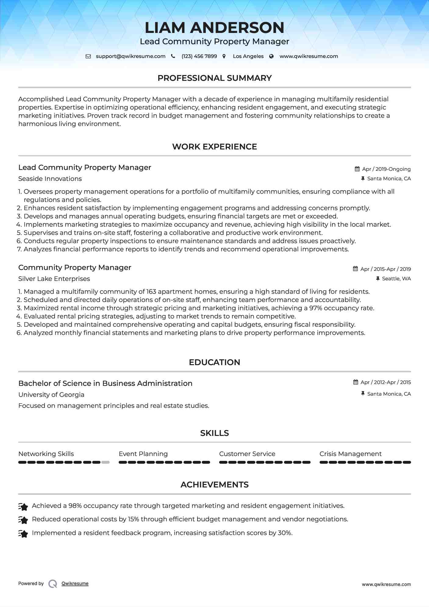 Lead Community Property Manager Resume Model