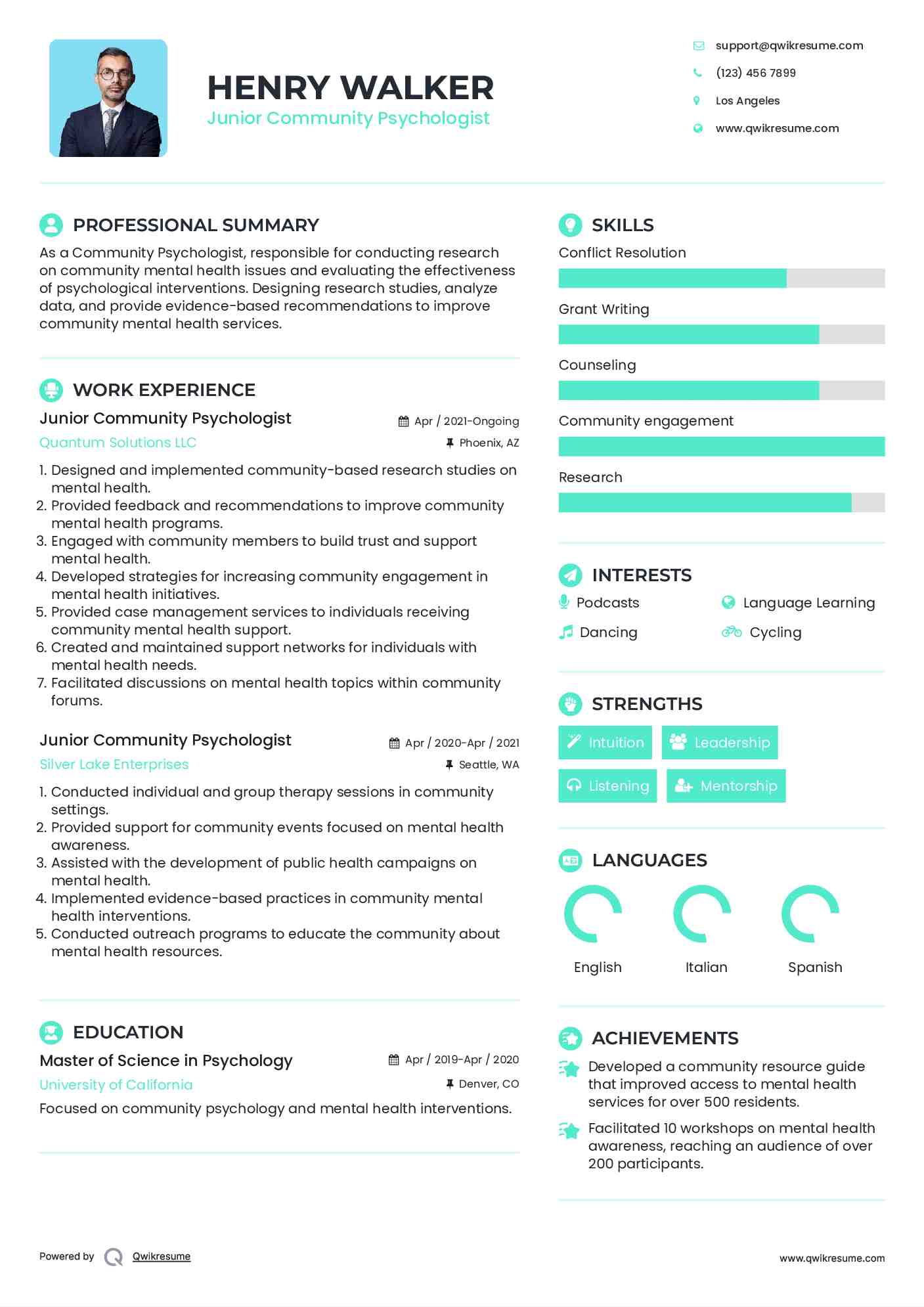 Junior Community Psychologist Resume Example