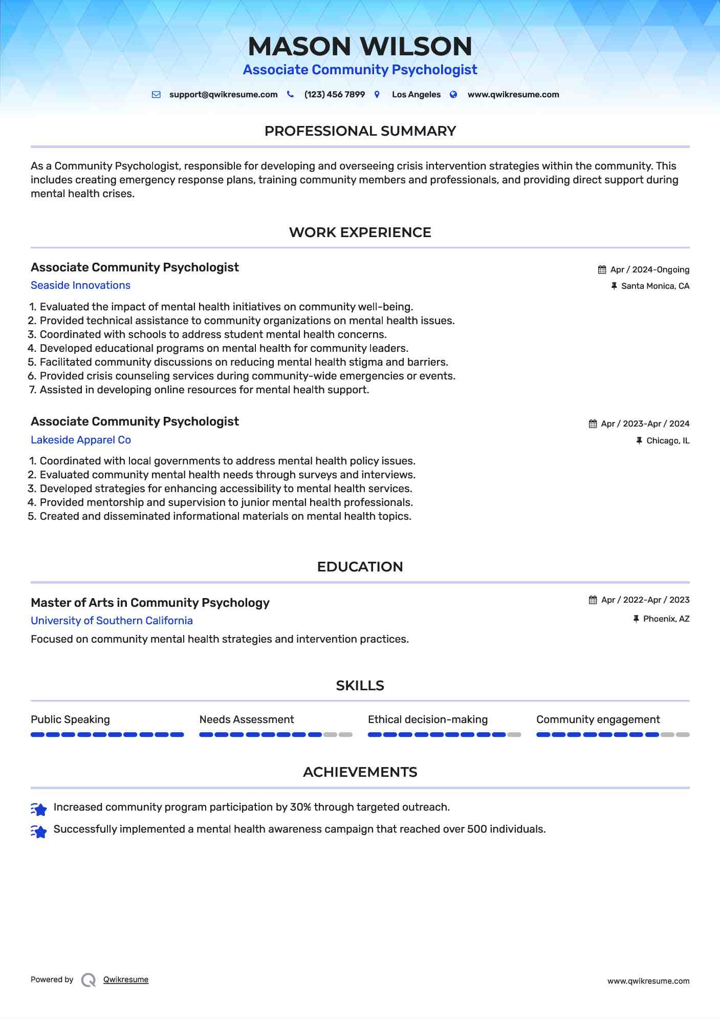 Associate Community Psychologist Resume Sample