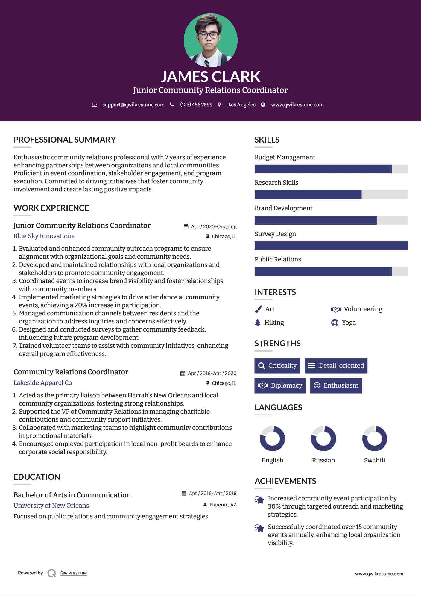 Junior Community Relations Coordinator Resume Example