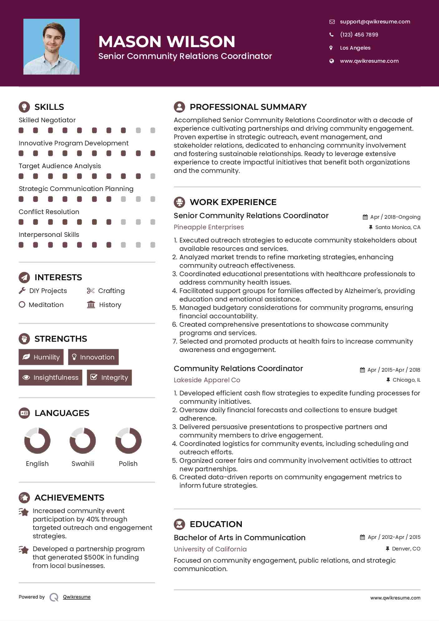 Senior Community Relations Coordinator Resume Sample