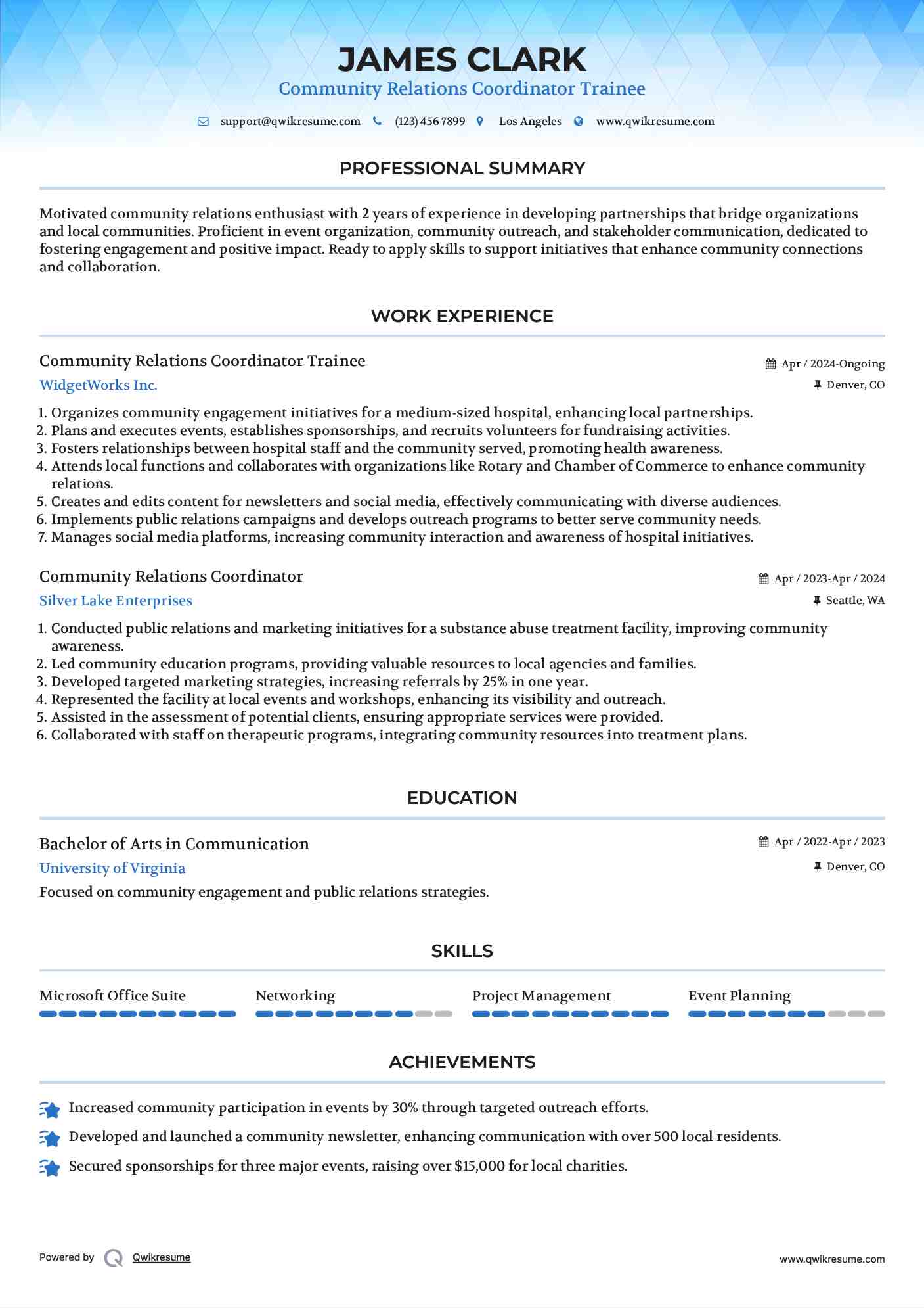 Community Relations Coordinator Trainee Resume Sample