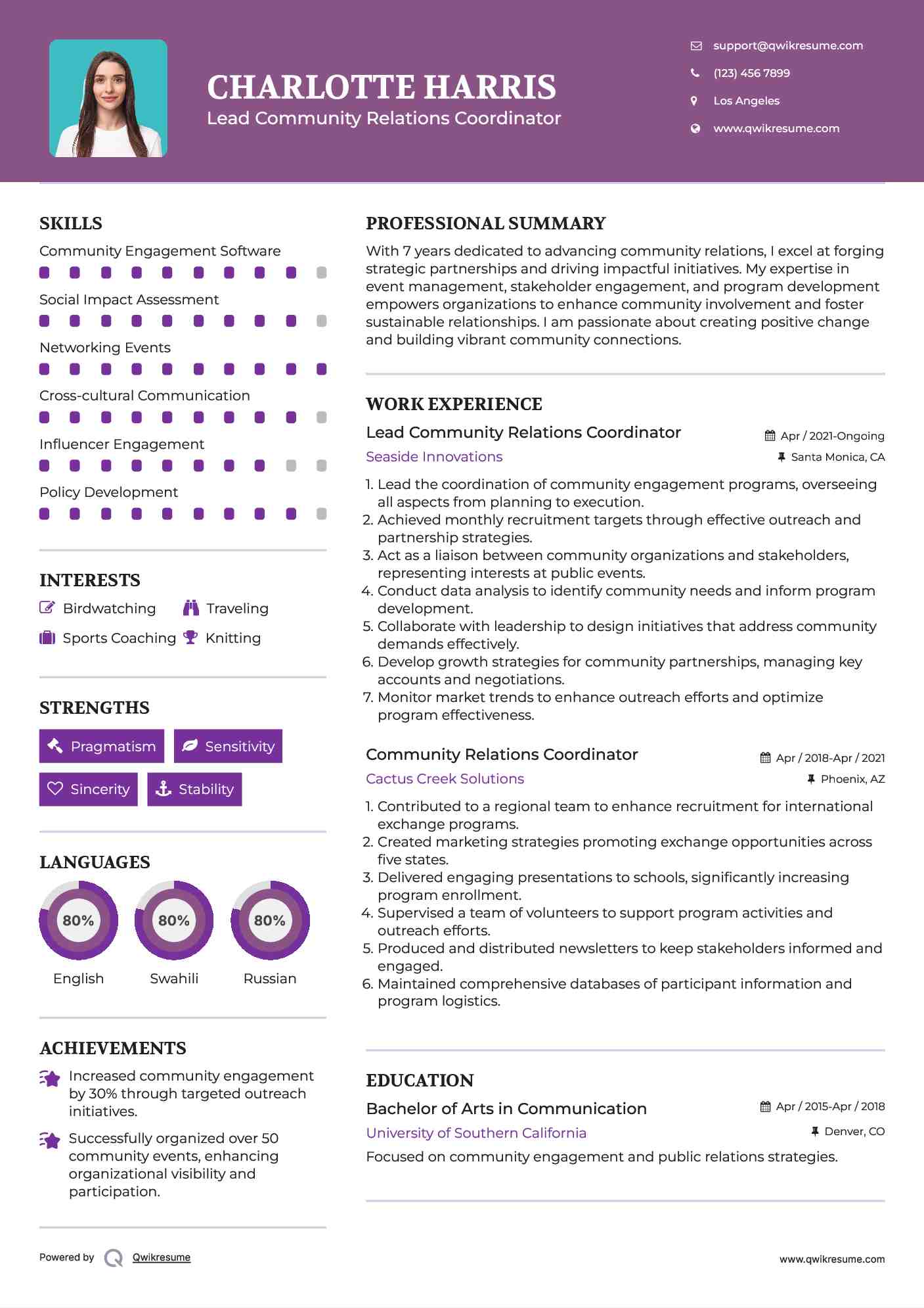 Lead Community Relations Coordinator
 Resume Format