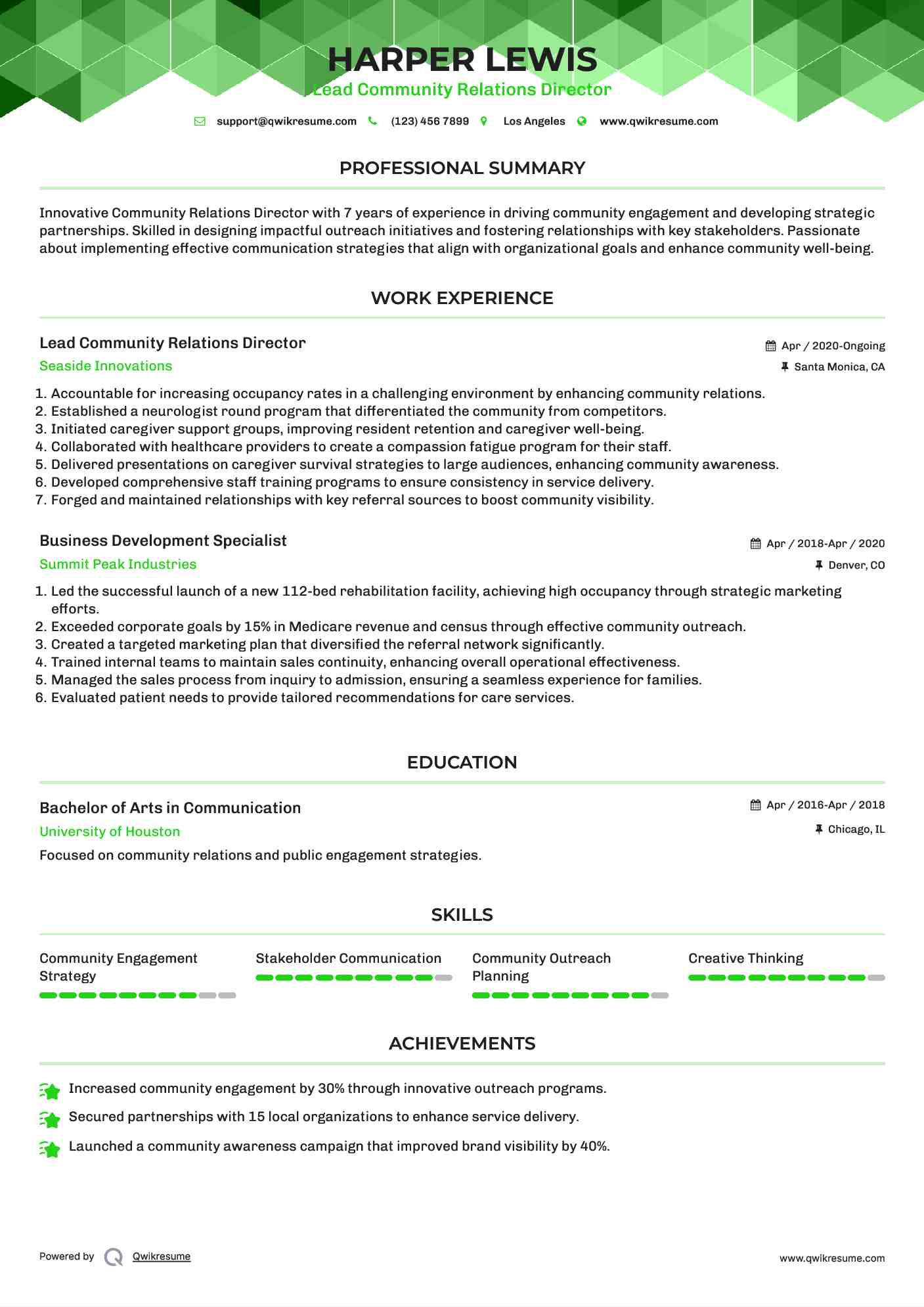 Lead Community Relations Director Resume Model