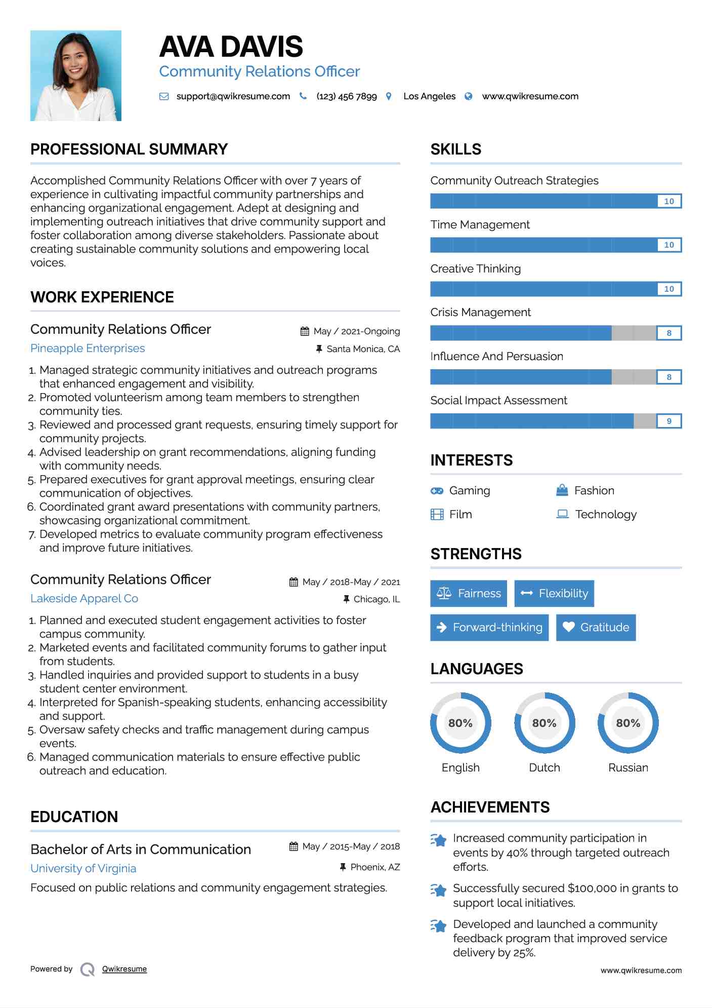 Community Relations Officer Resume Example