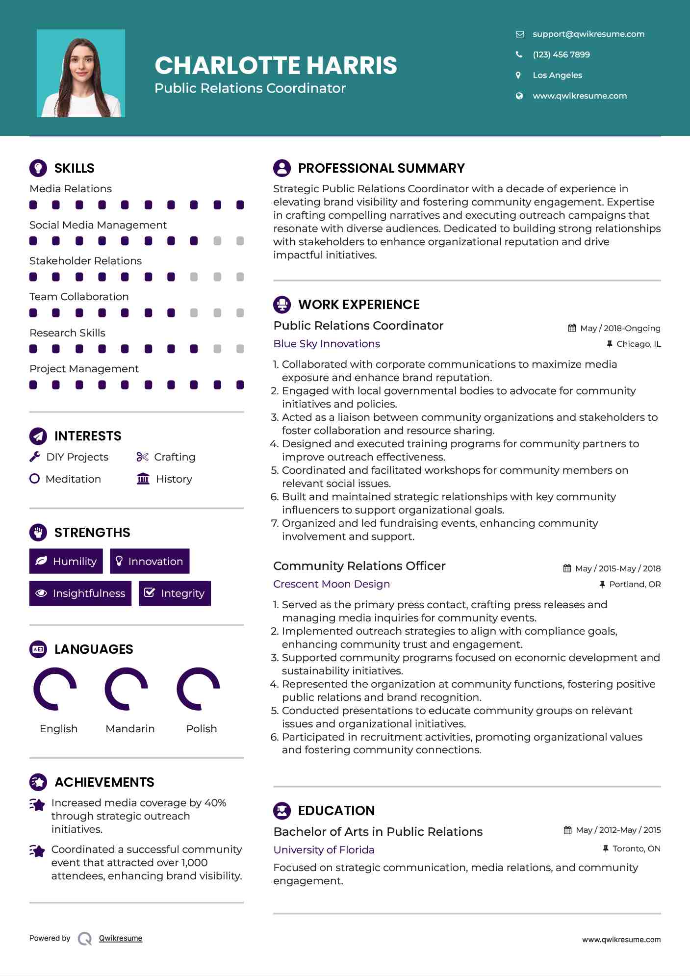 Public Relations Coordinator Resume Sample