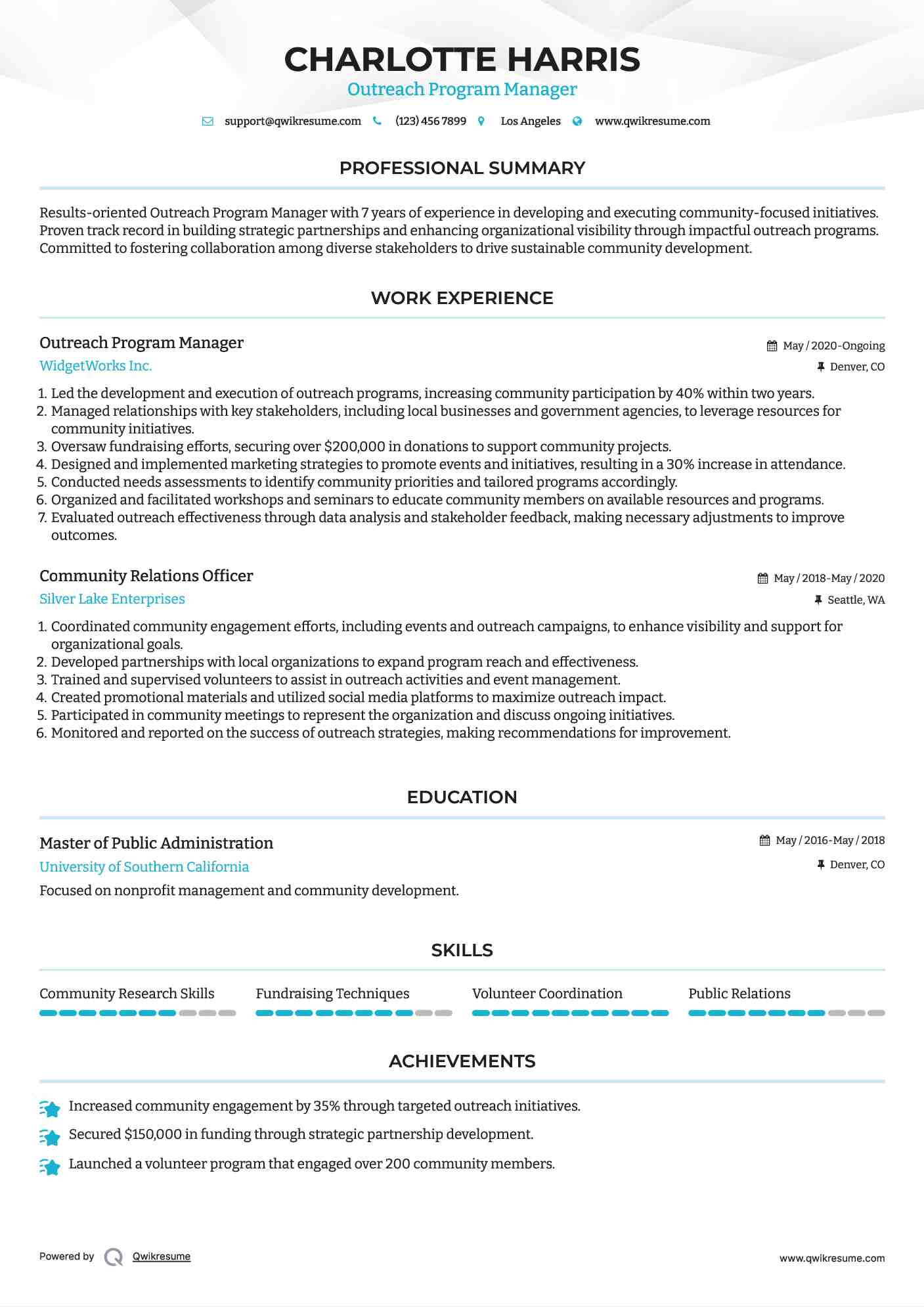 Outreach Program Manager Resume Sample