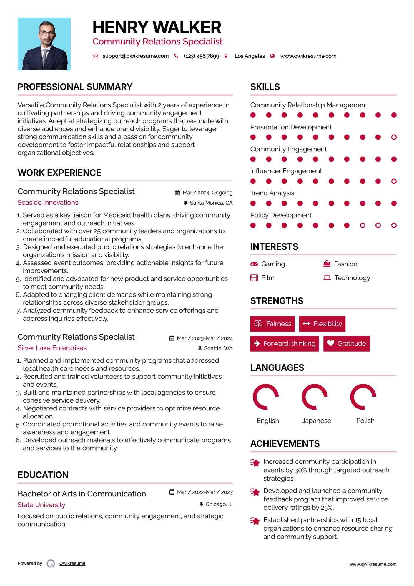 Community Relations Specialist Resume Example
