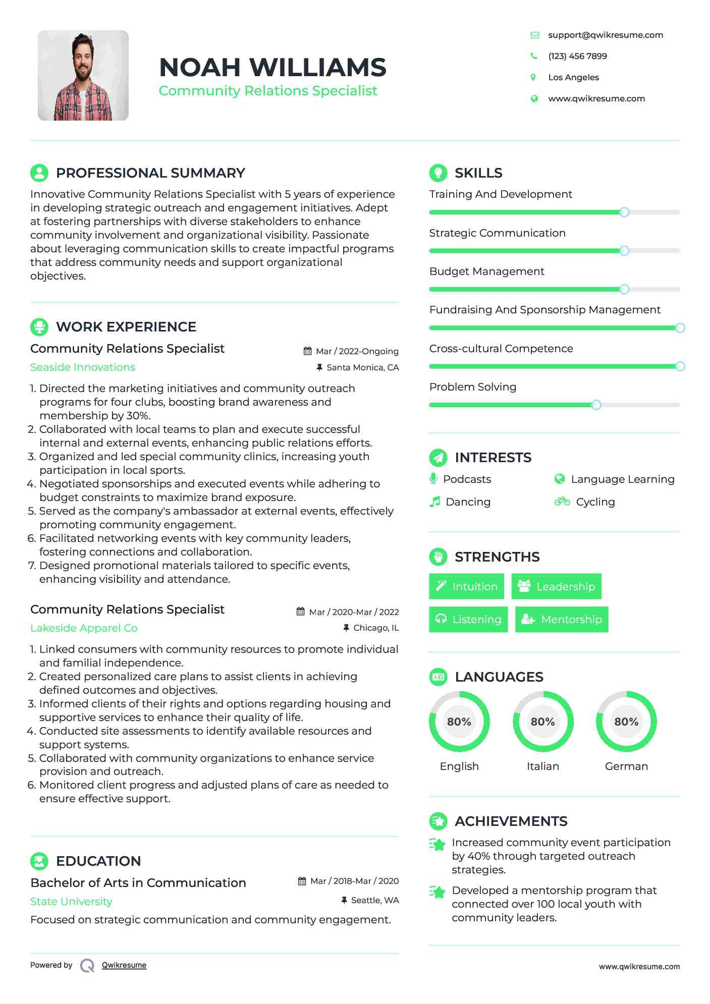 Community Relations Specialist Resume Sample