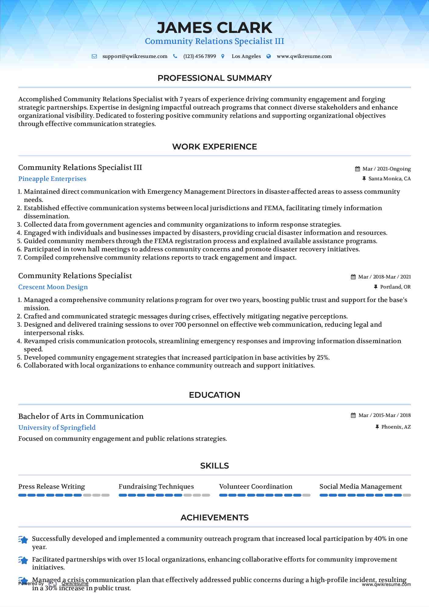 Community Relations Specialist III Resume Sample