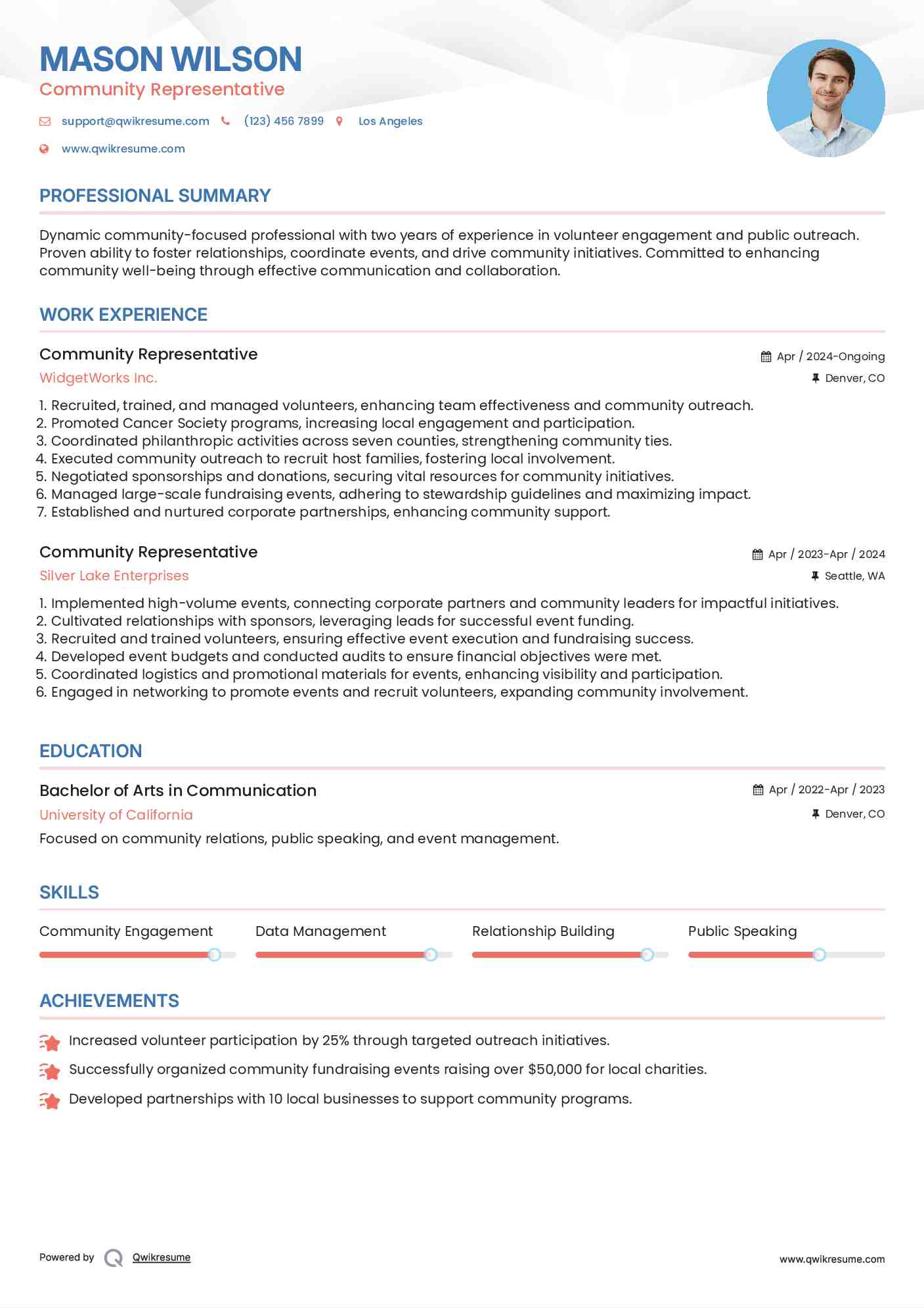 Community Representative Resume Sample