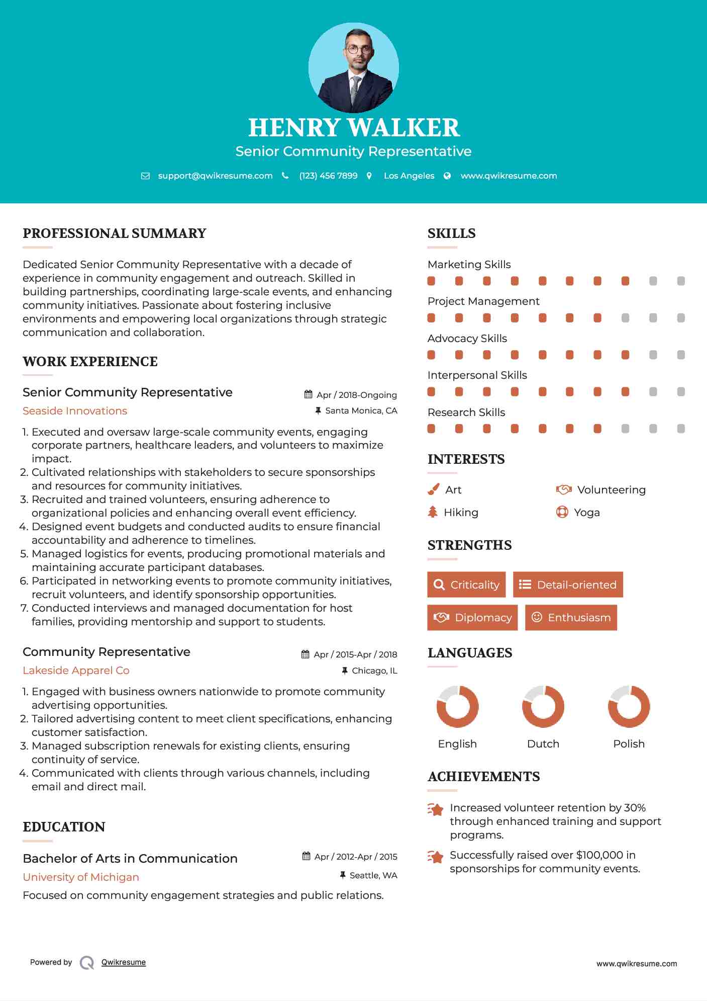 Senior Community Representative Resume Example