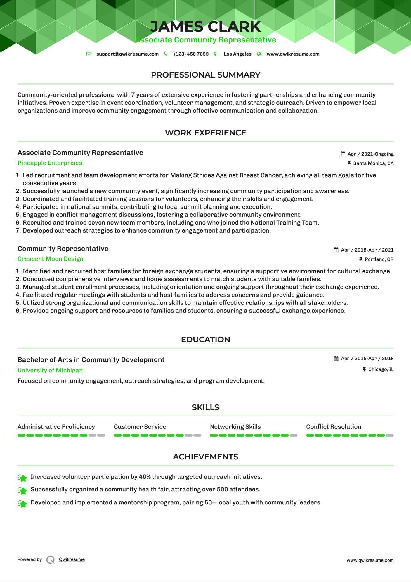 Associate Community Representative Resume Example