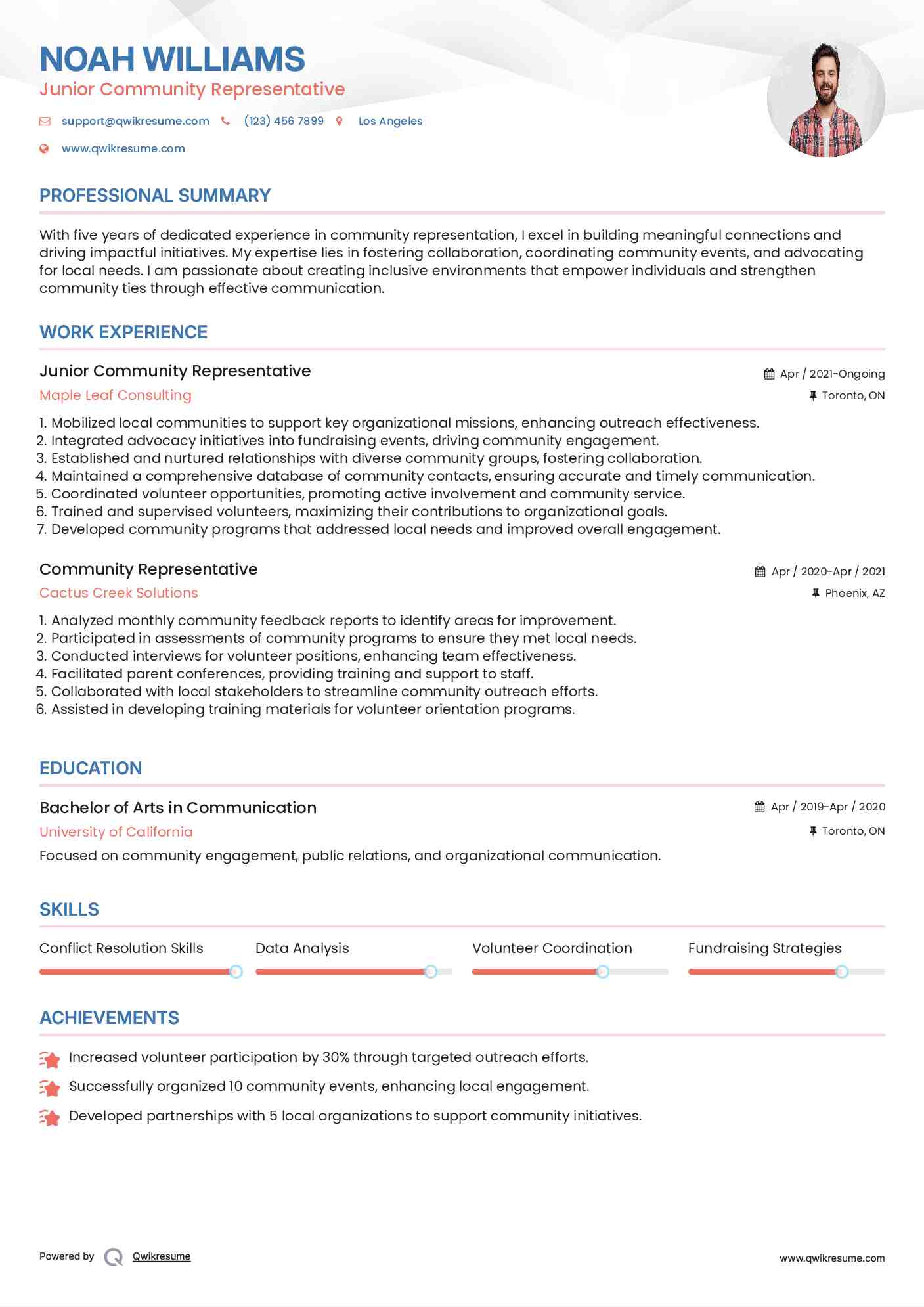 Junior Community Representative Resume Template