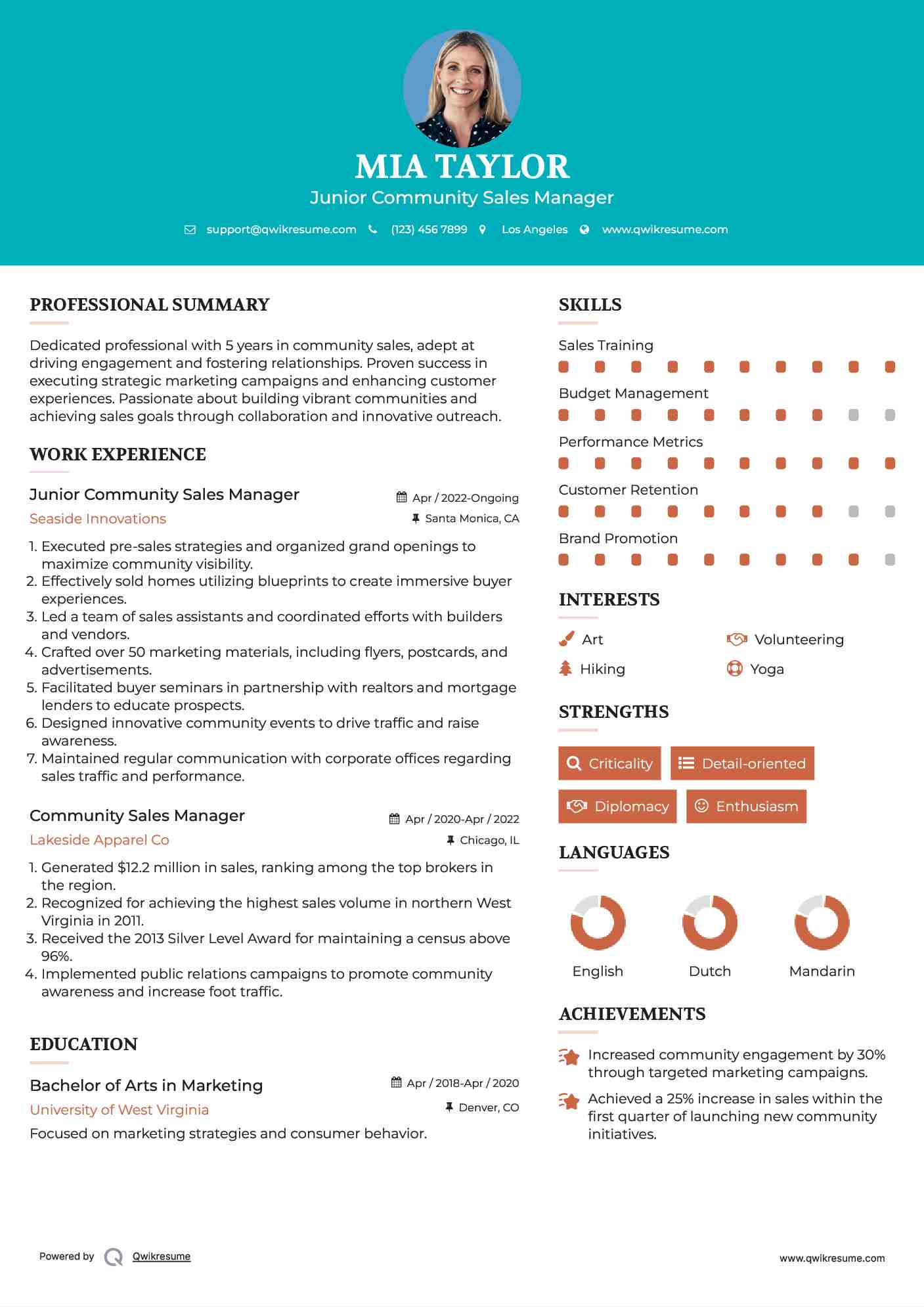 Junior Community Sales Manager Resume Template