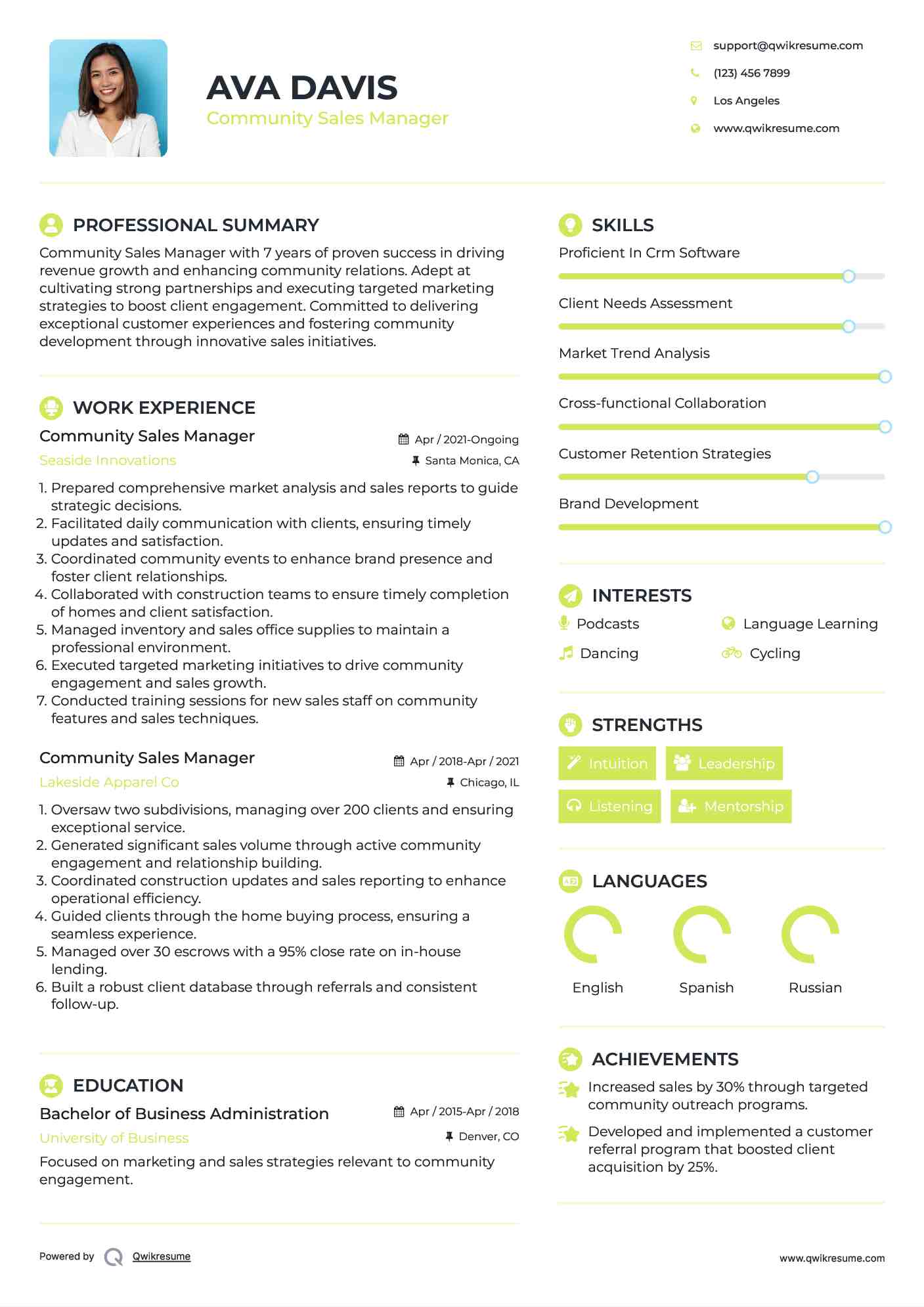 Community Sales Manager Resume Sample