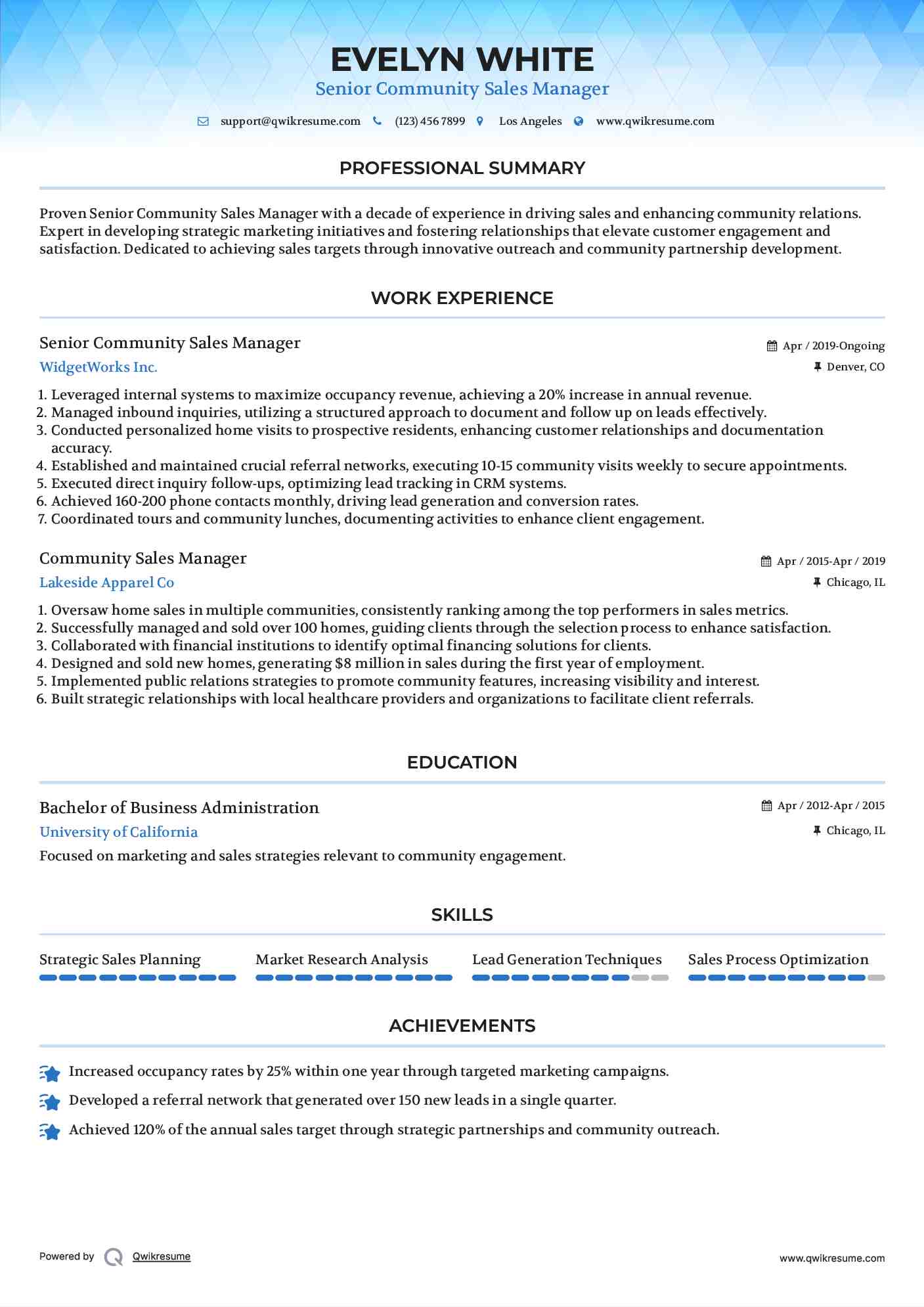 Senior Community Sales Manager Resume Sample