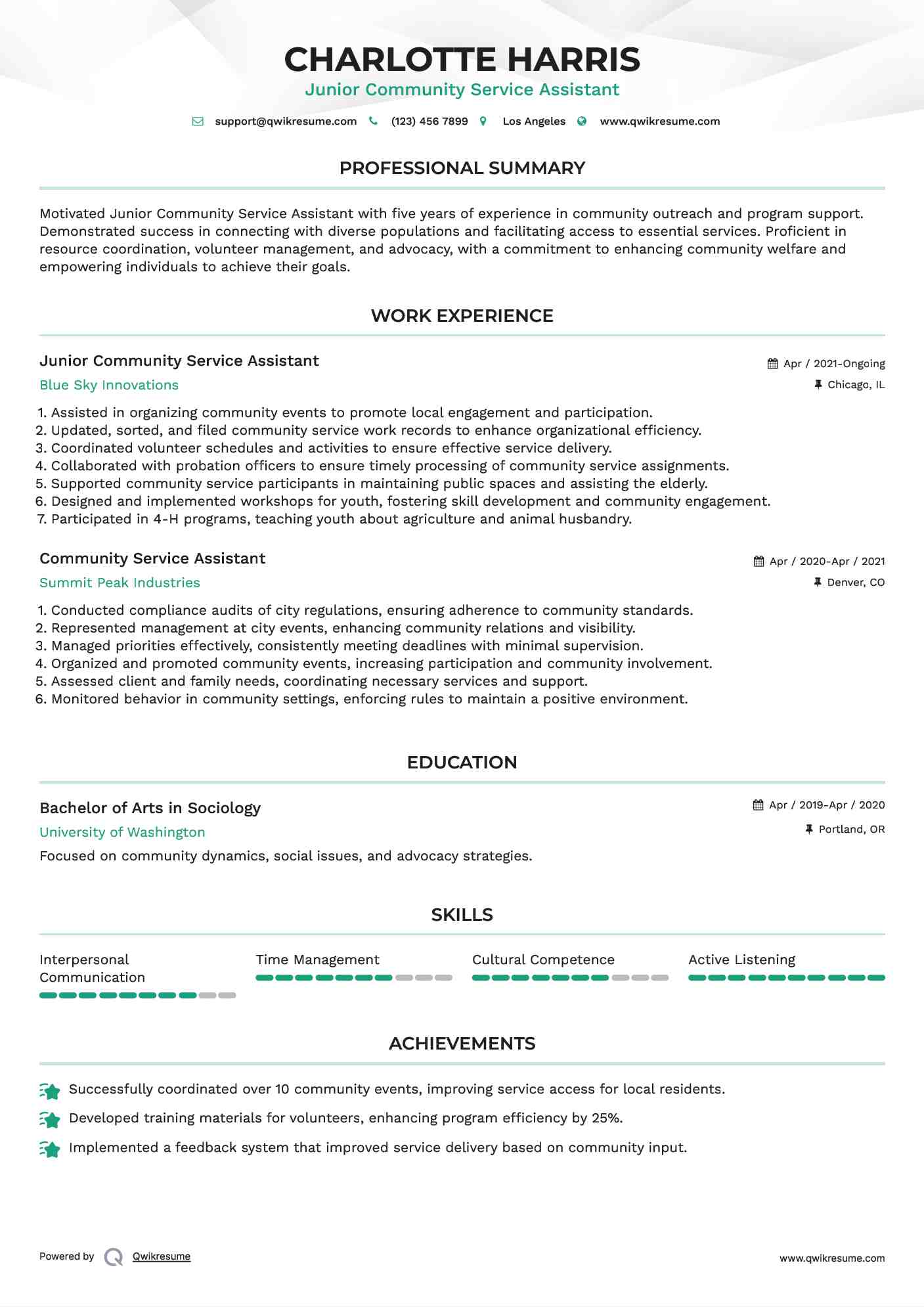 Junior Community Service Assistant Resume Model