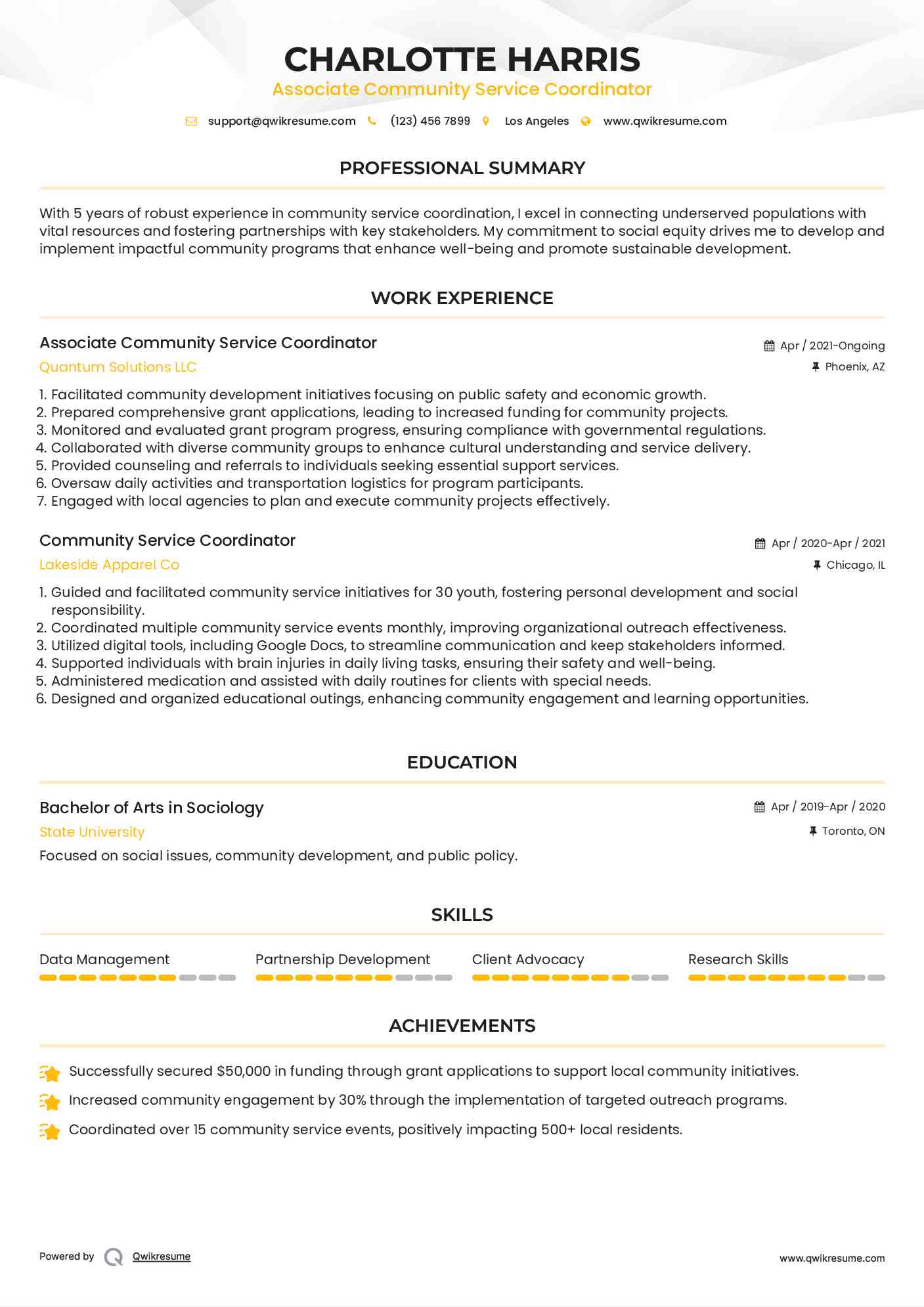 Assistant Community Service Coordinator Resume Example