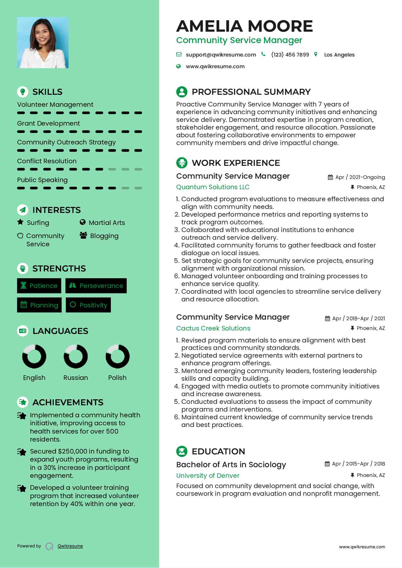 Community Service Manager Resume Model