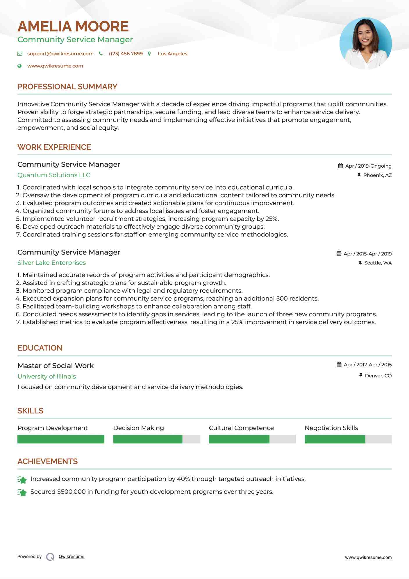 Community Service Manager Resume Model