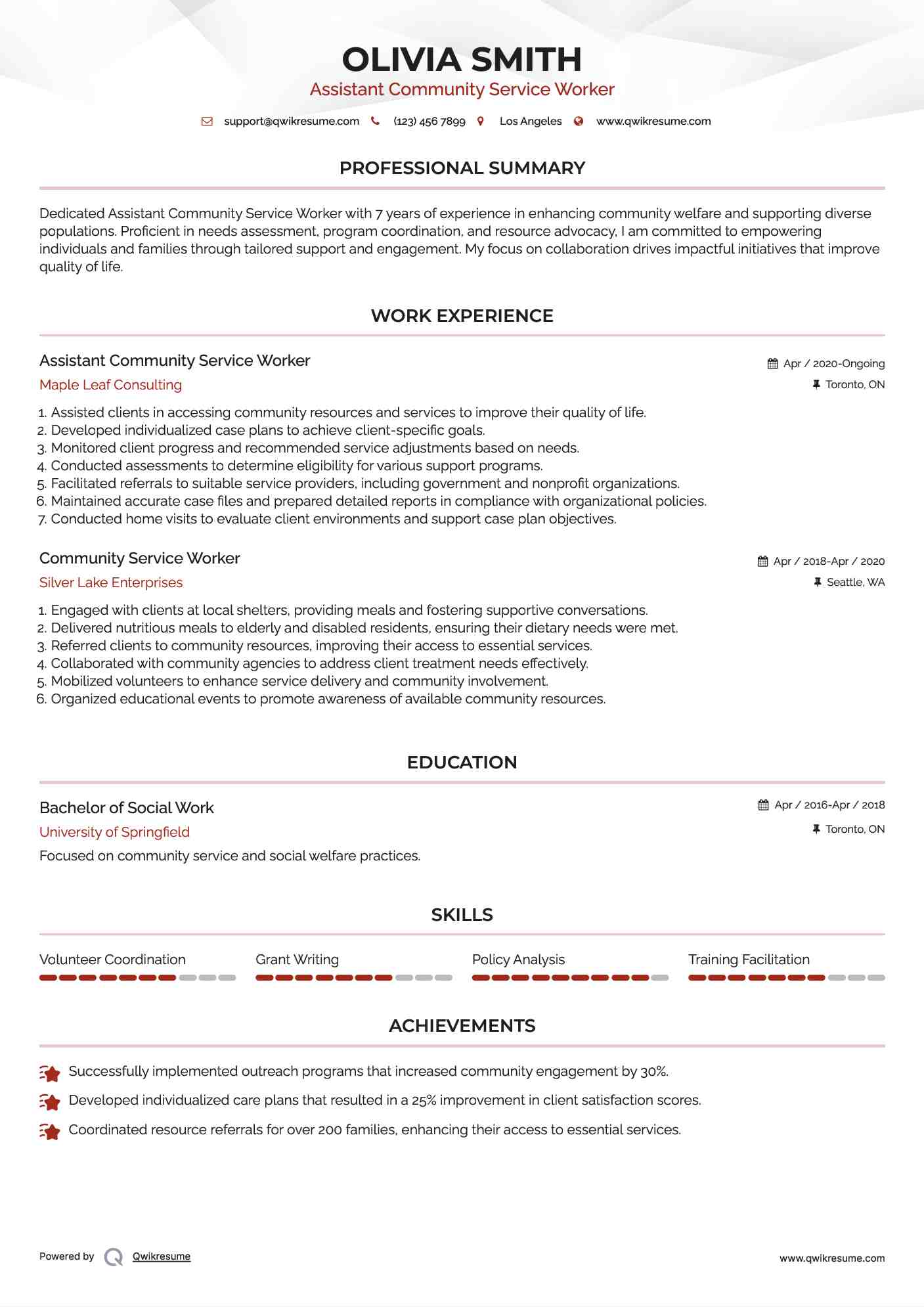 Assistant Community Service Worker Resume Template
