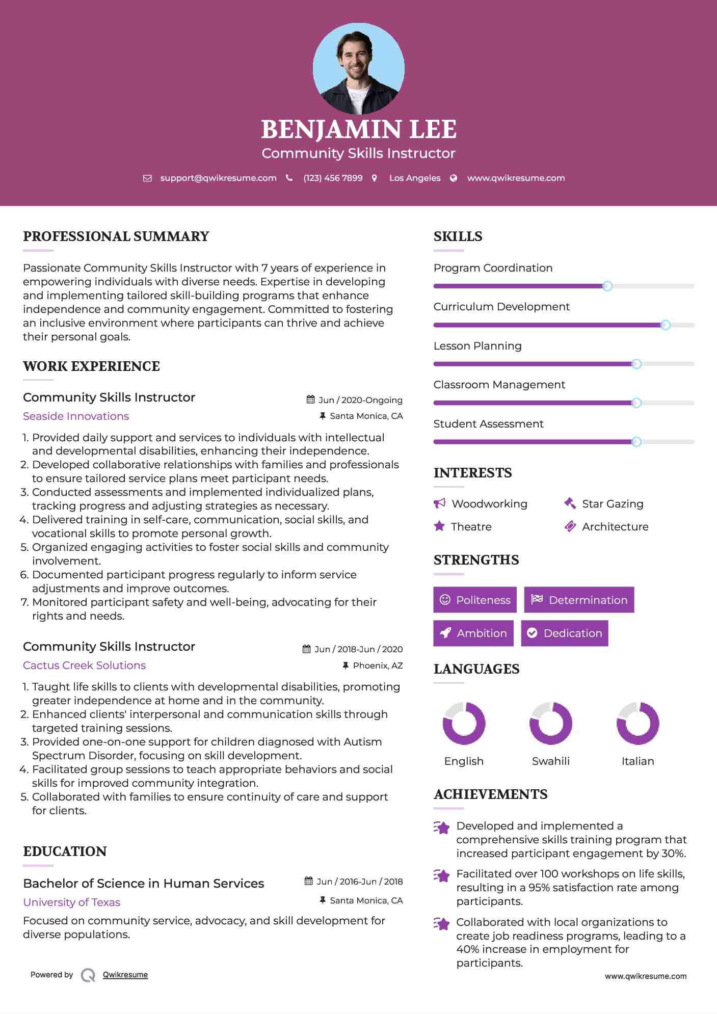 Community Skills Instructor Resume Model