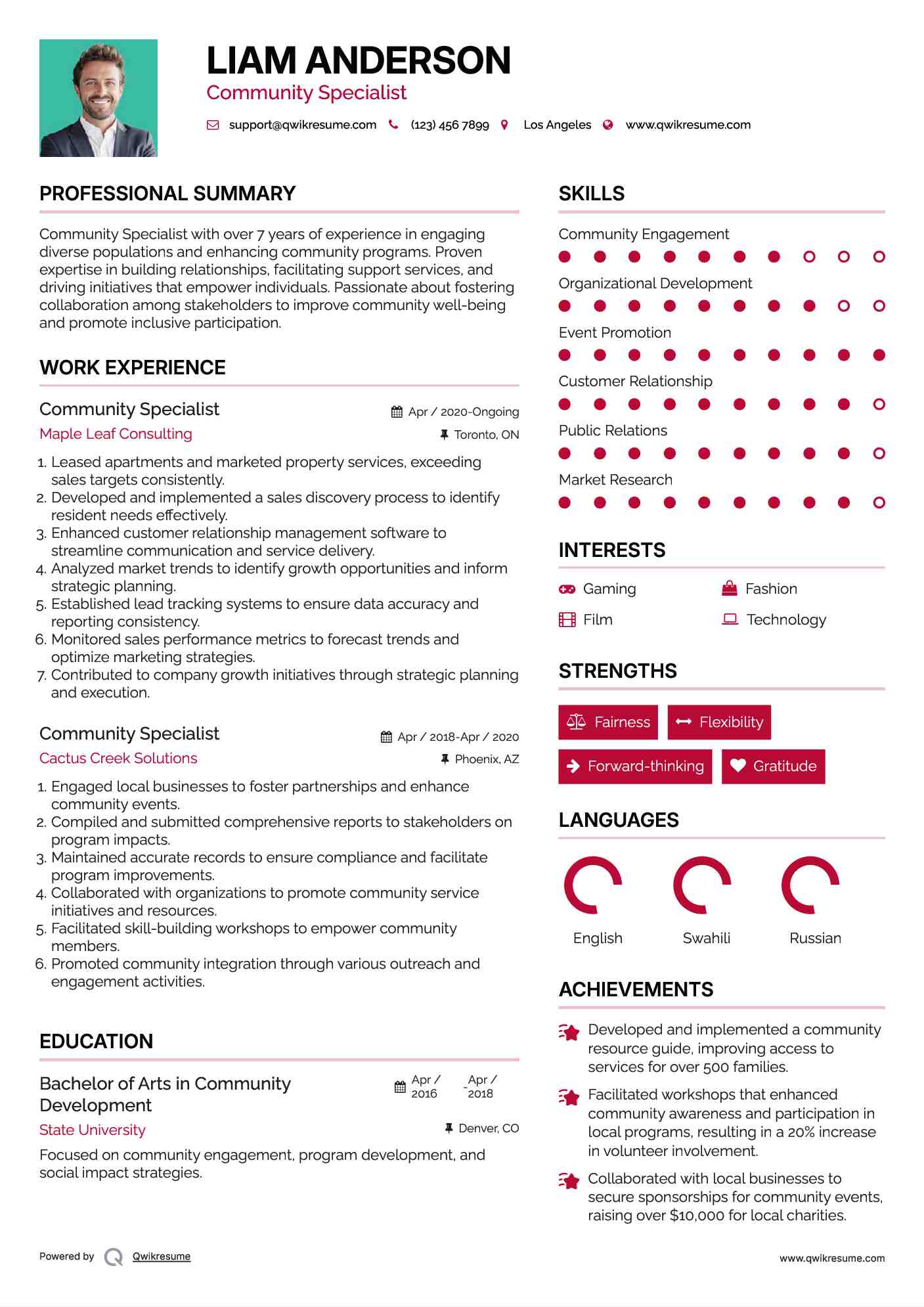 Community Specialist Resume Sample