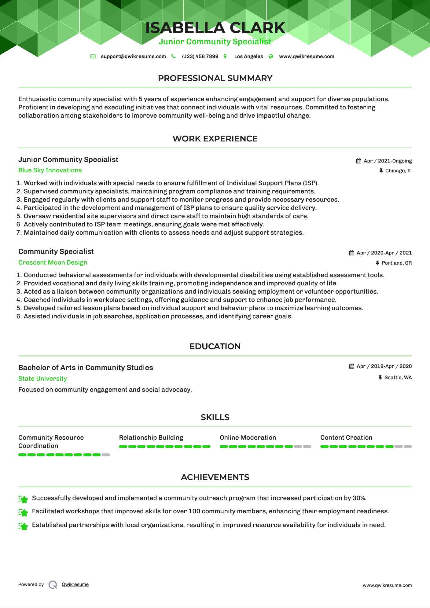 Junior Community Specialist Resume Sample