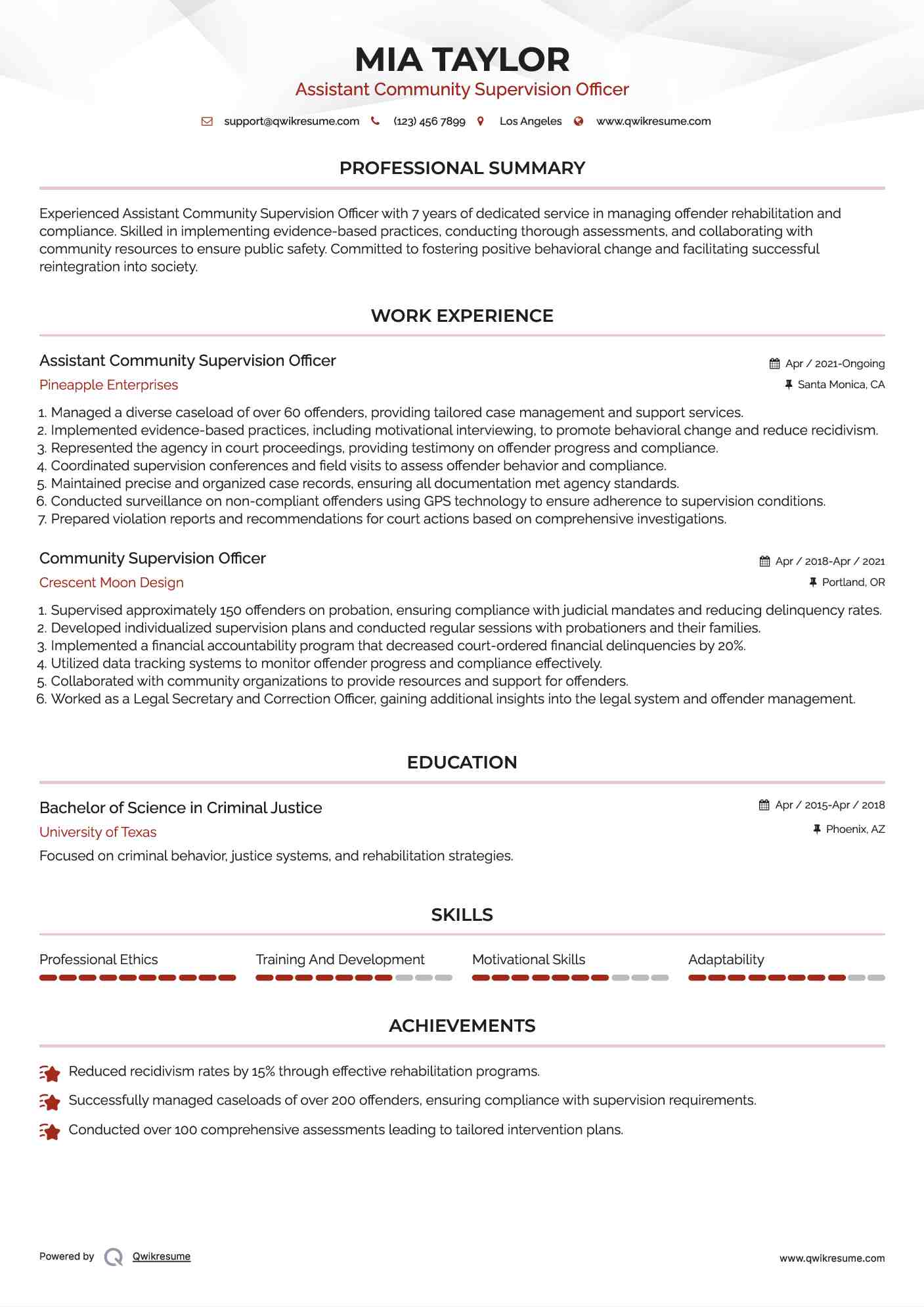 Assistant Community Supervision Officer Resume Example