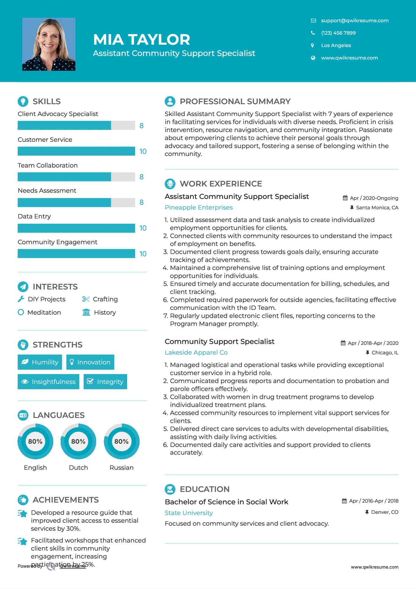 Assistant Community Support Specialist Resume Sample