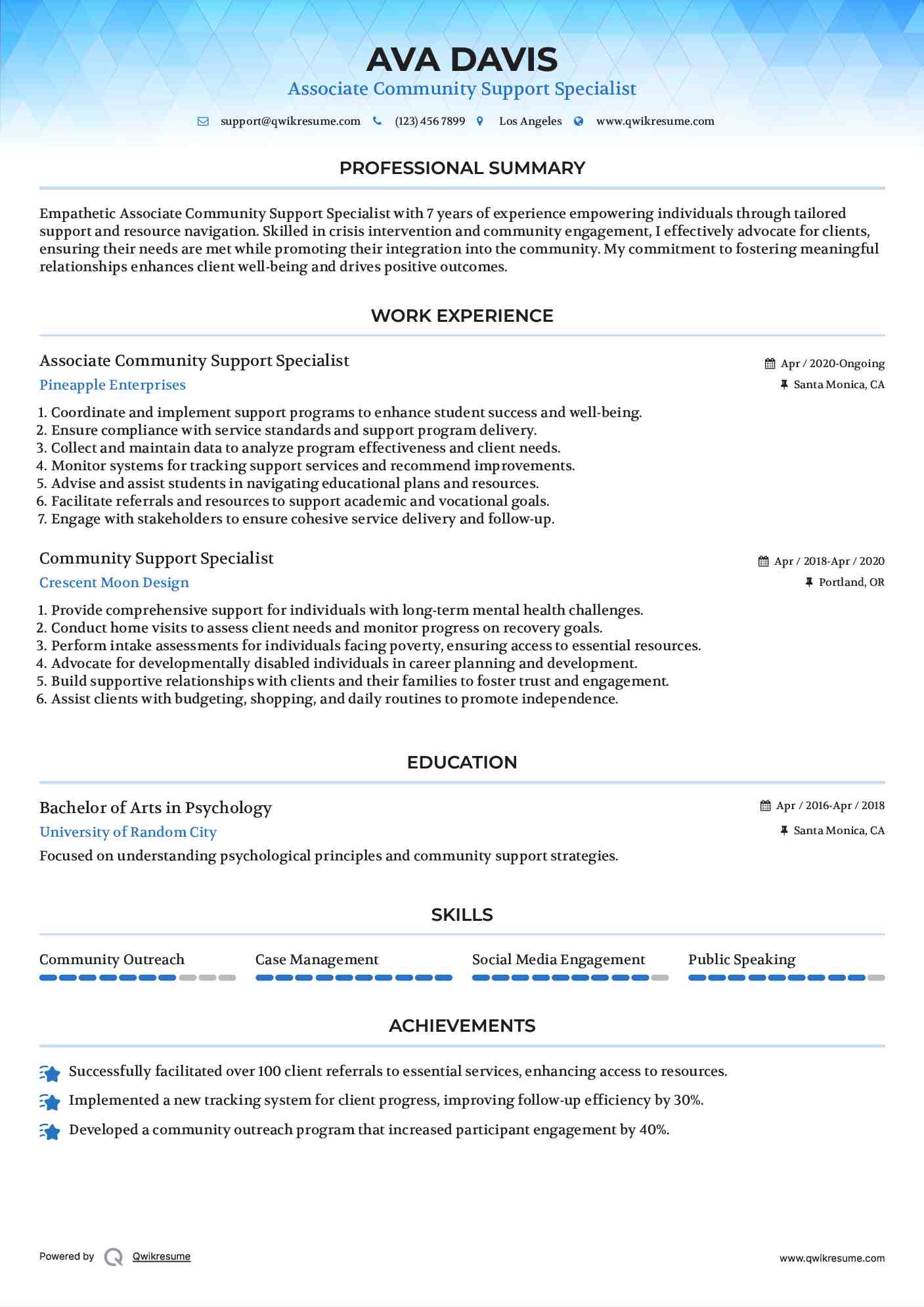 Associate Community Support Specialist
 Resume Sample