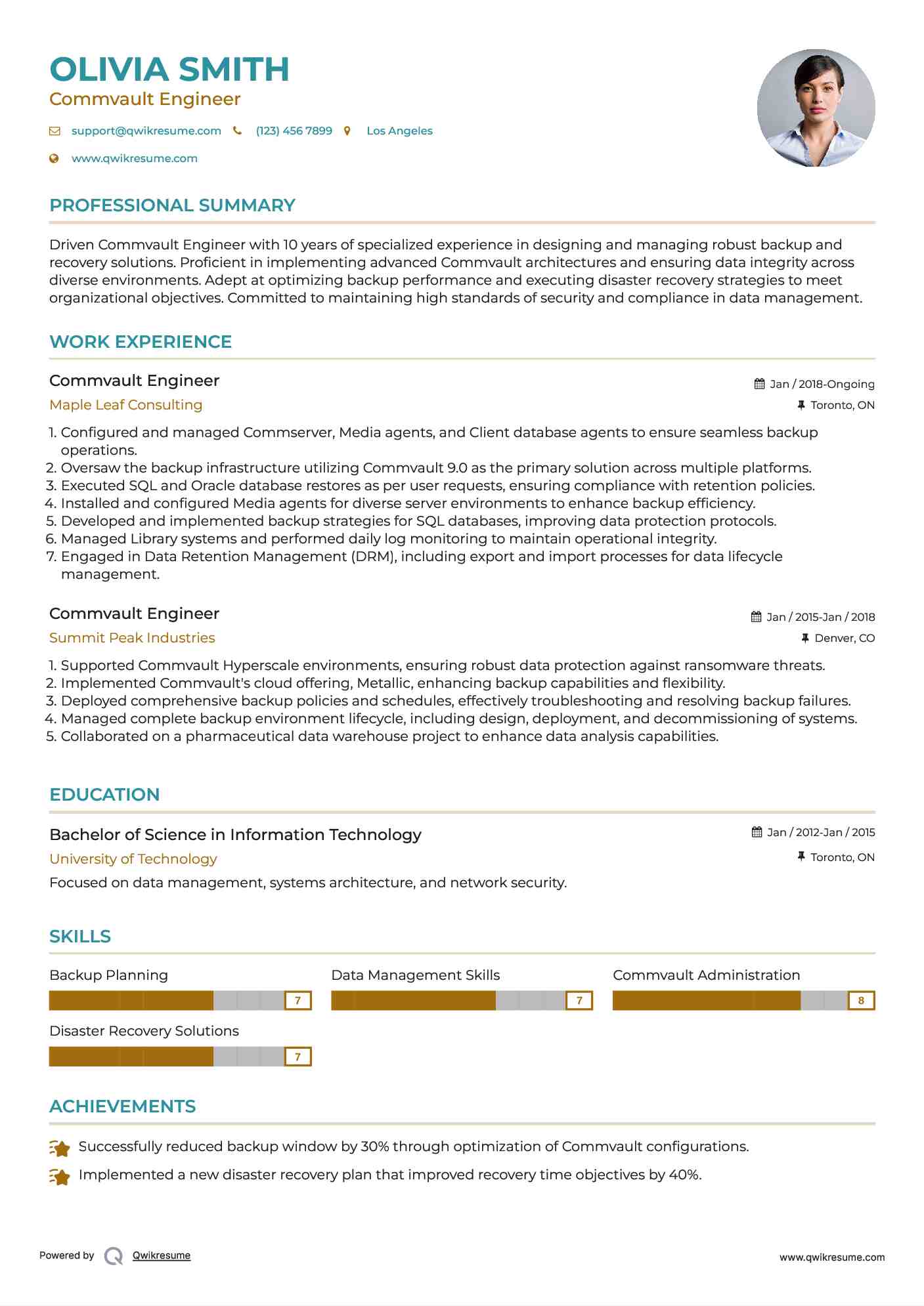Commvault Engineer Resume Model