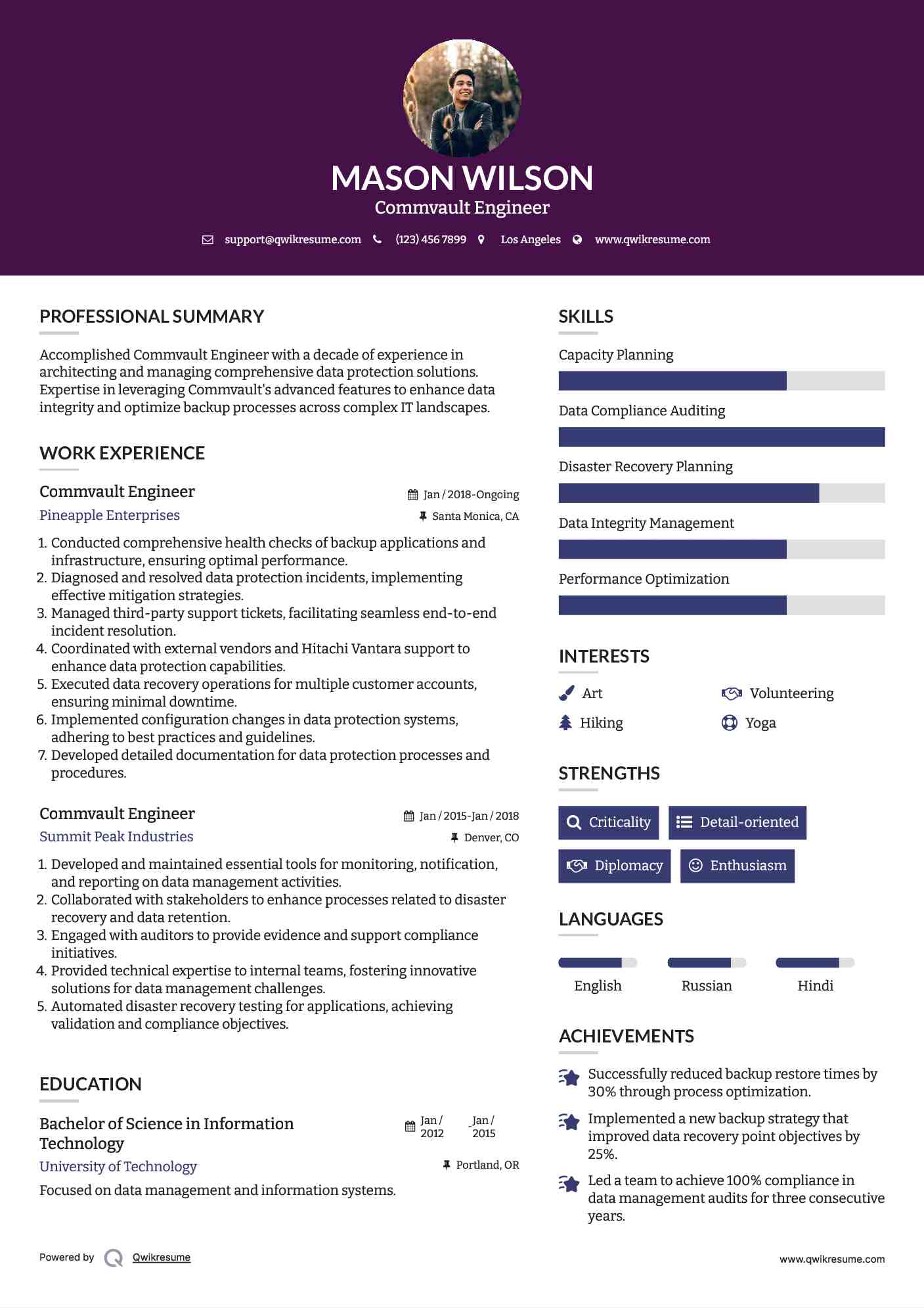 Commvault Engineer Resume Model