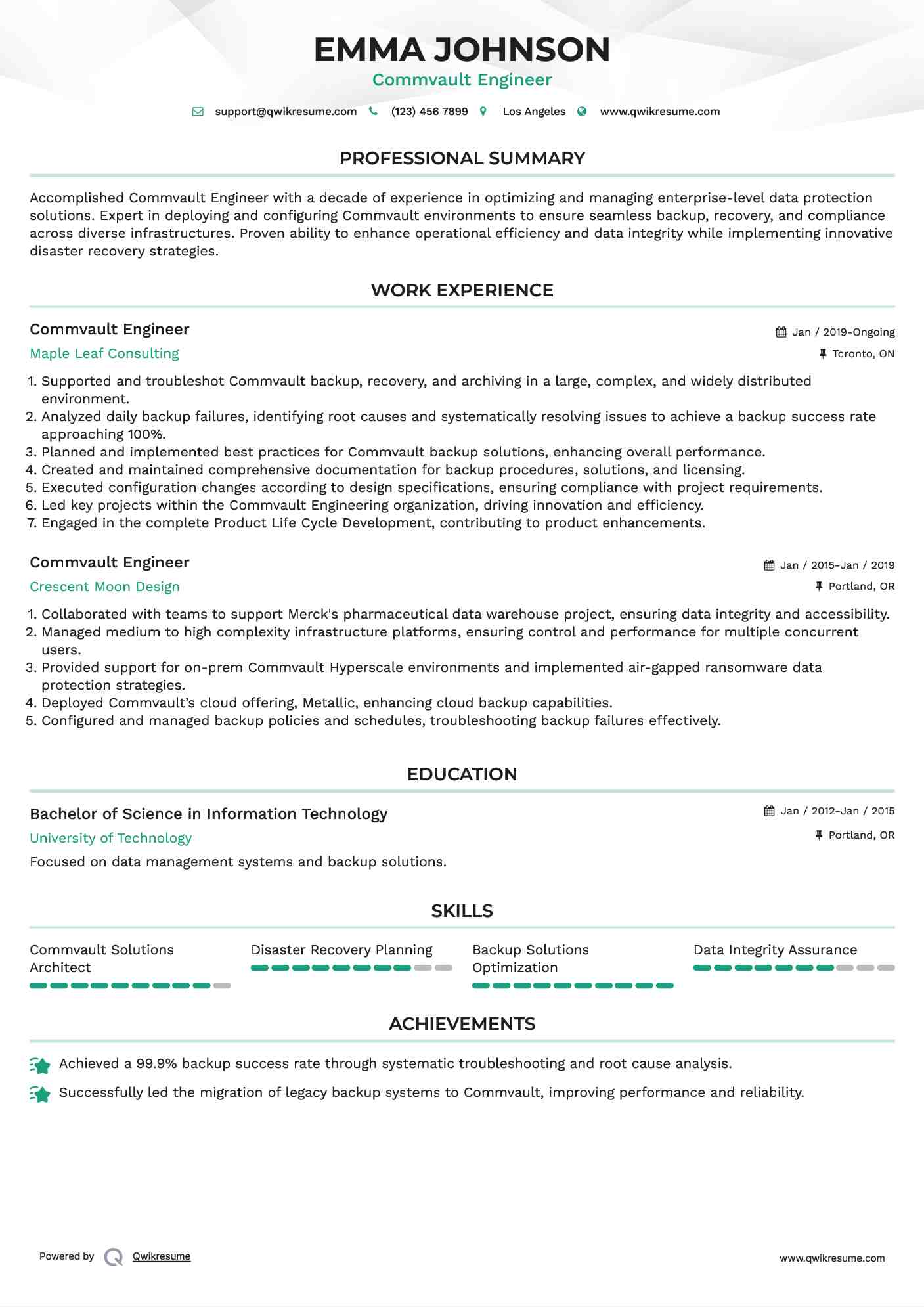Commvault Engineer Resume Template