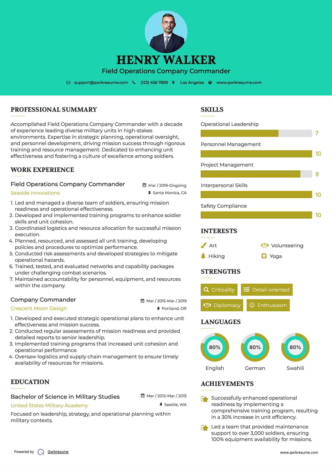Field Operations Company Commander Resume Sample