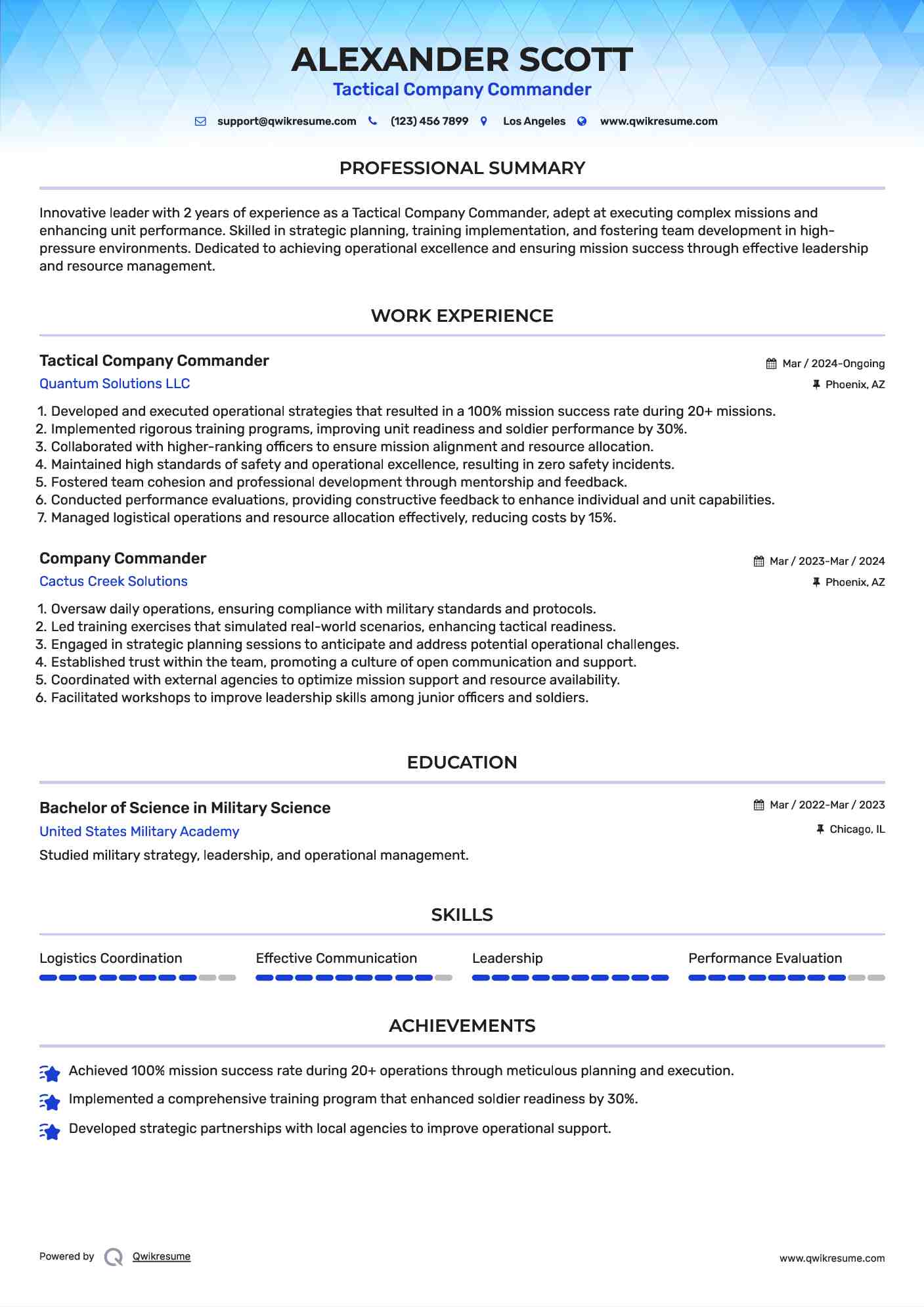 Tactical Company Commander Resume Model