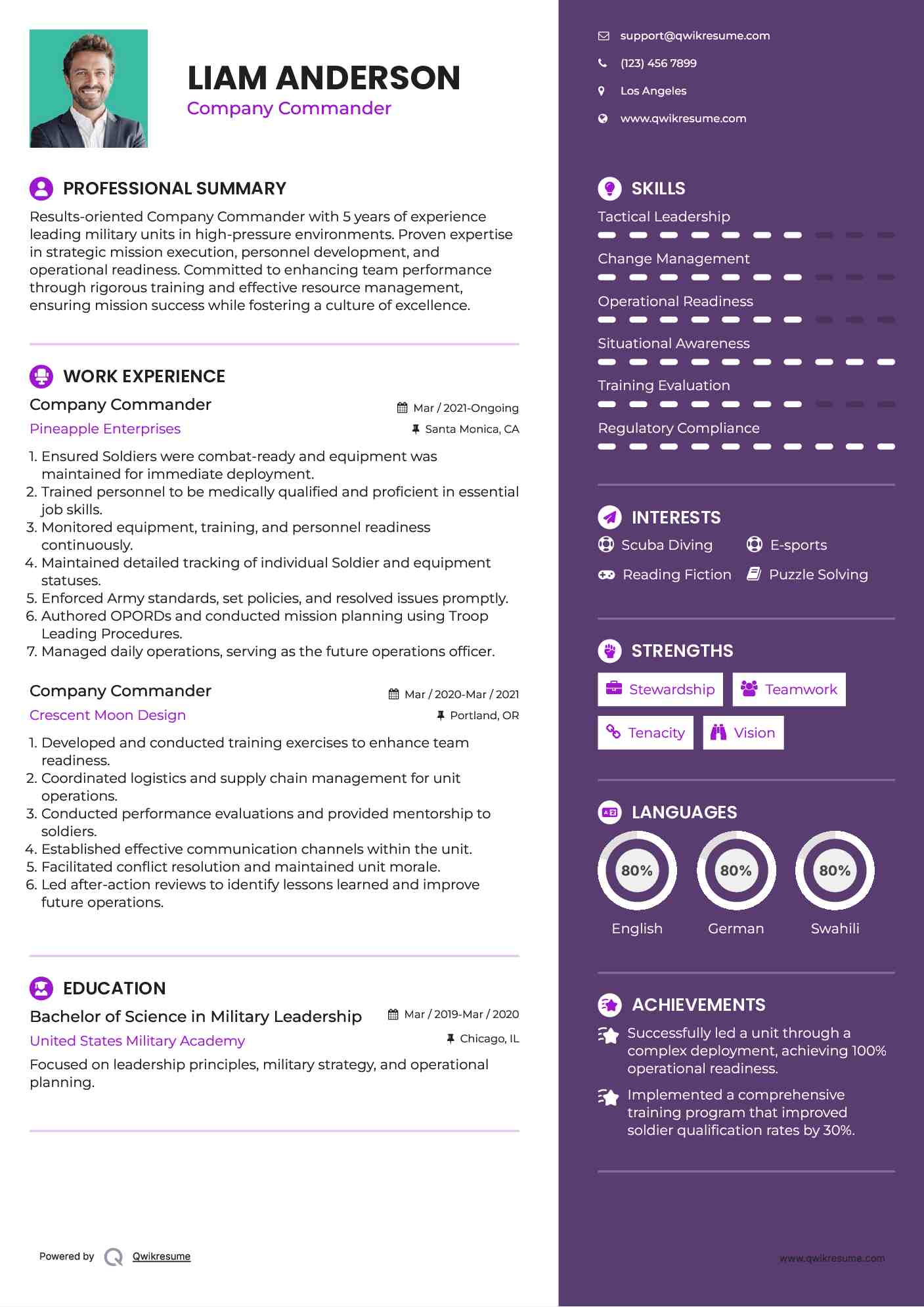 Company Commander Resume Example