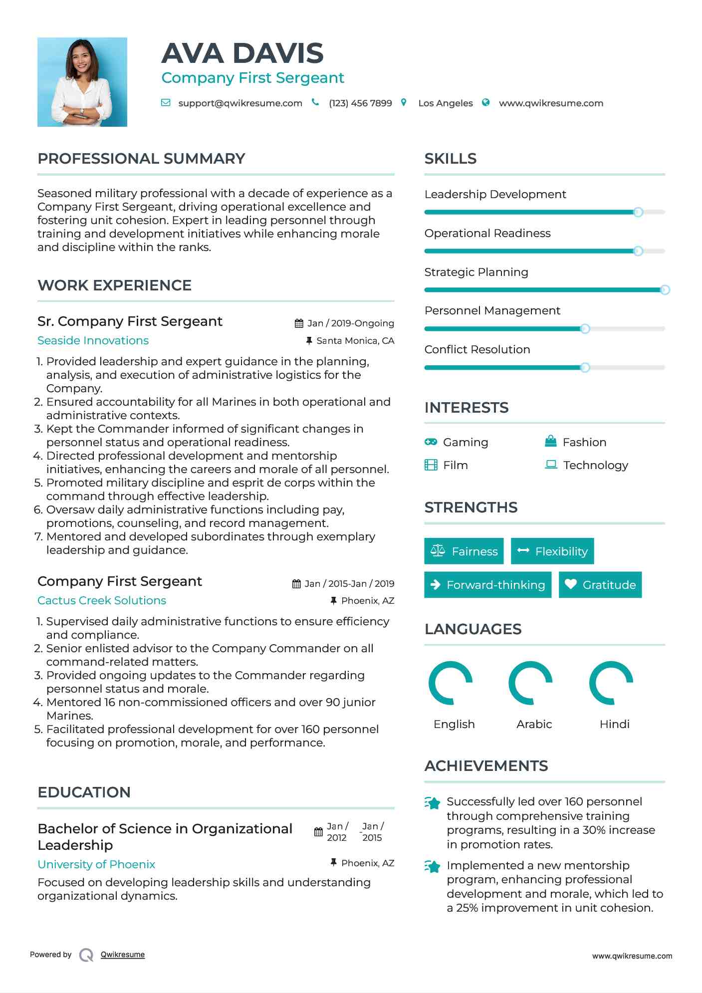 Sr. Company First Sergeant Resume Model